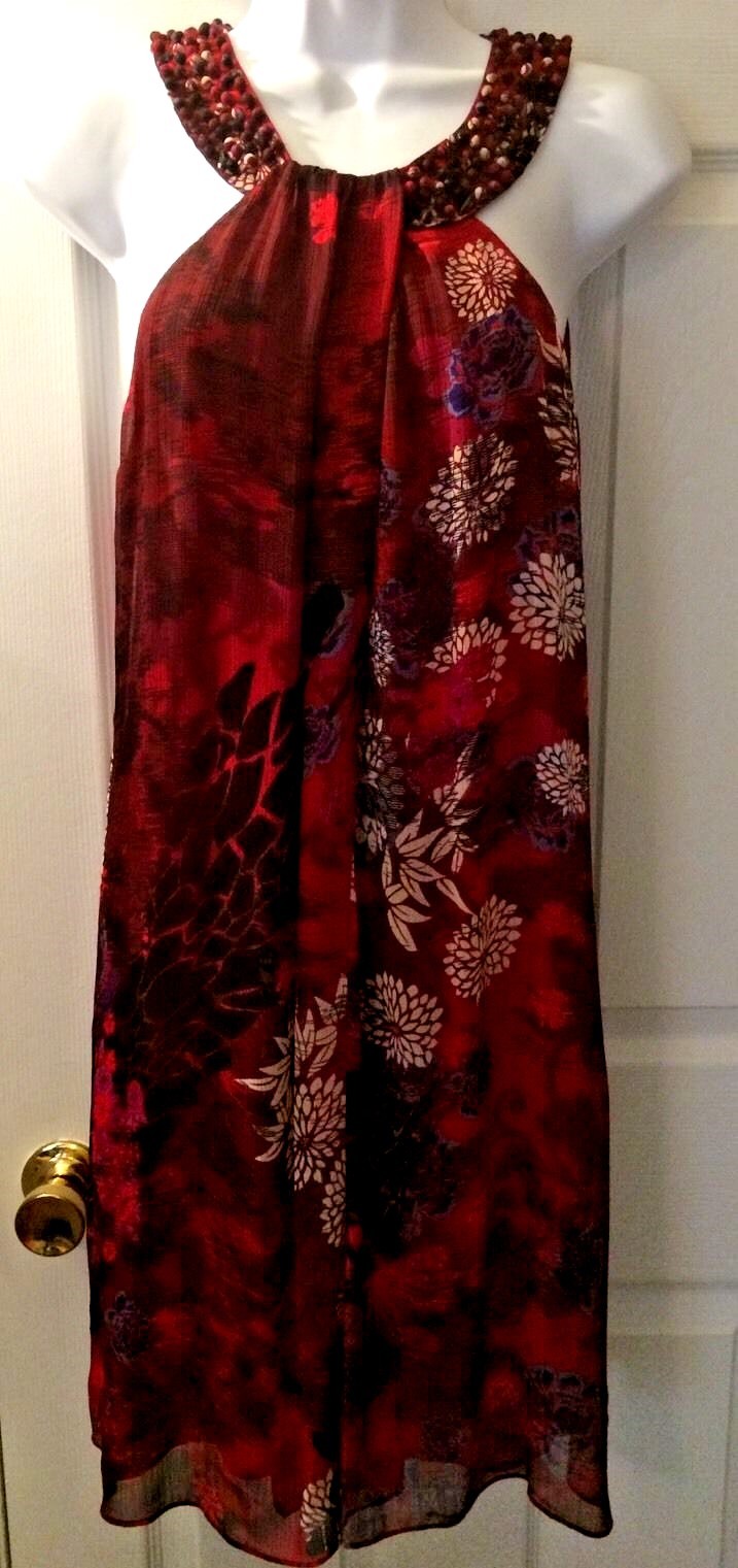 New ECI NY Dress Burgundy Red Floral Colorful Beaded Neckline Purple Sz 8 Nwot