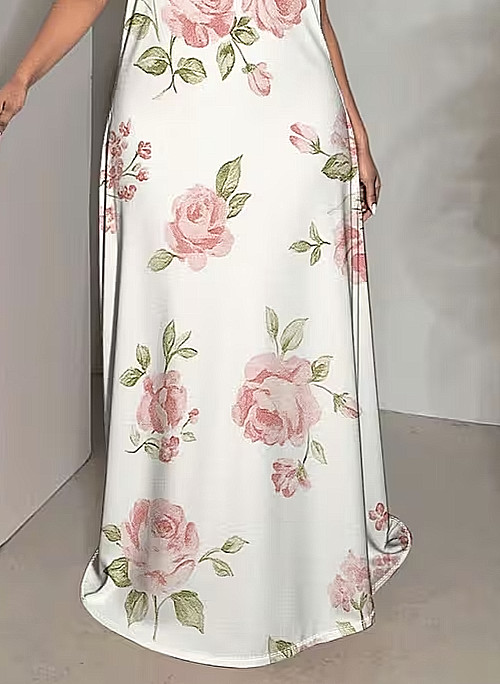 Elegant Plus Size Pink Rose Print Maxi Dress with Pockets