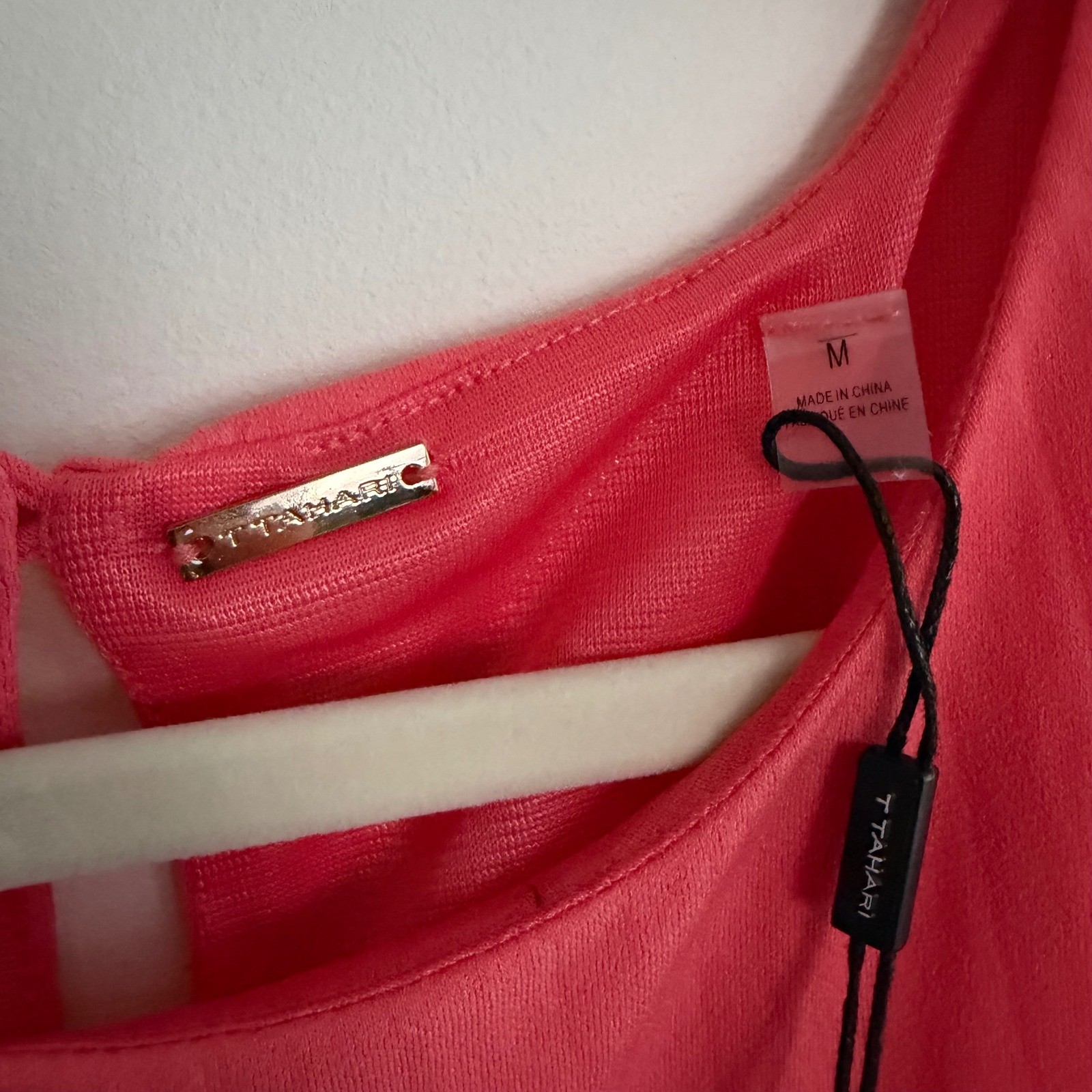 T Tahari Coral Pink Melon Pleated Midi Dress with Waist Tie, Size M