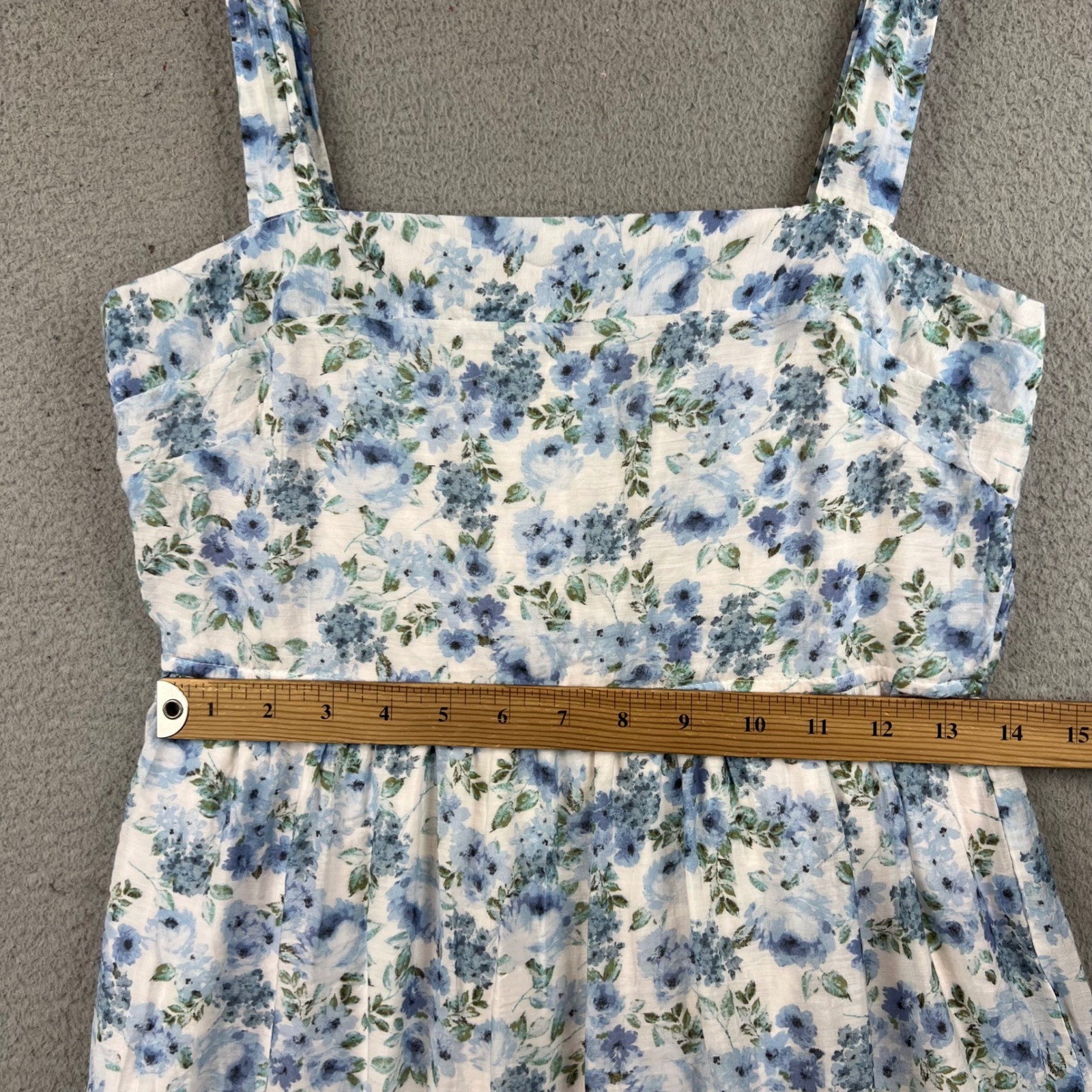 By The River Blue Floral Tiered Midi Dress Womens Medium Smocked Back Lined