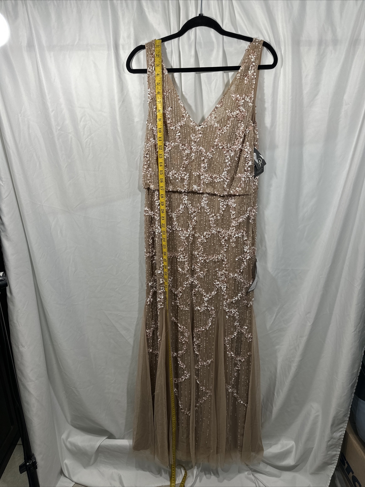 NWT $329 Adrianna Papell [ 14 ] Embellished Cowl-Back Gown in Champagne #G1167