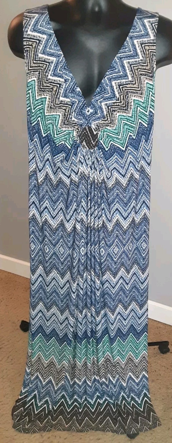 R & M Richards Maxi Dress 16W Chevron VNeck Blue Teal Brown Stretchy Long USA