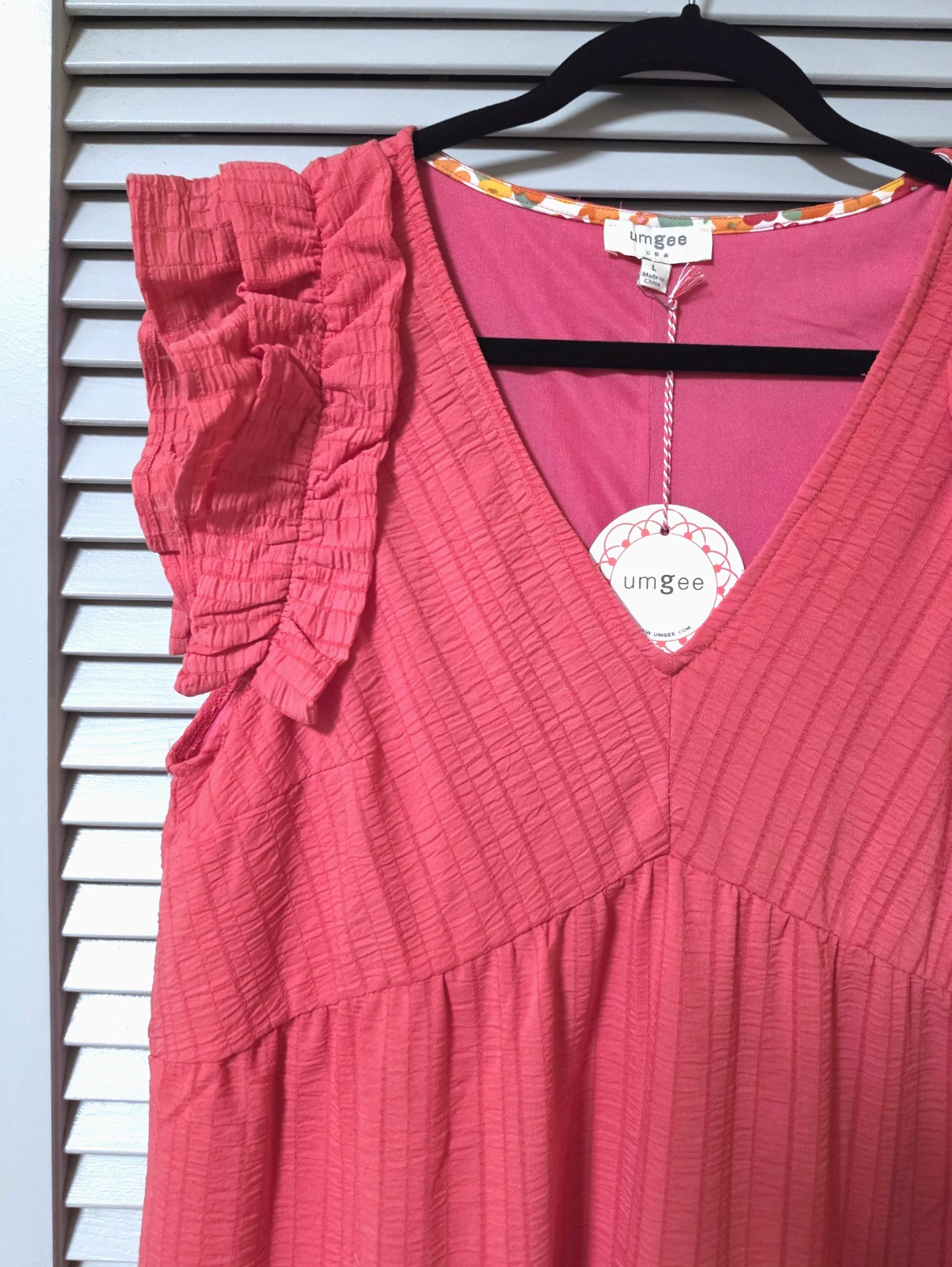 coral pink stripe texture ruffle slev tiered long dress L