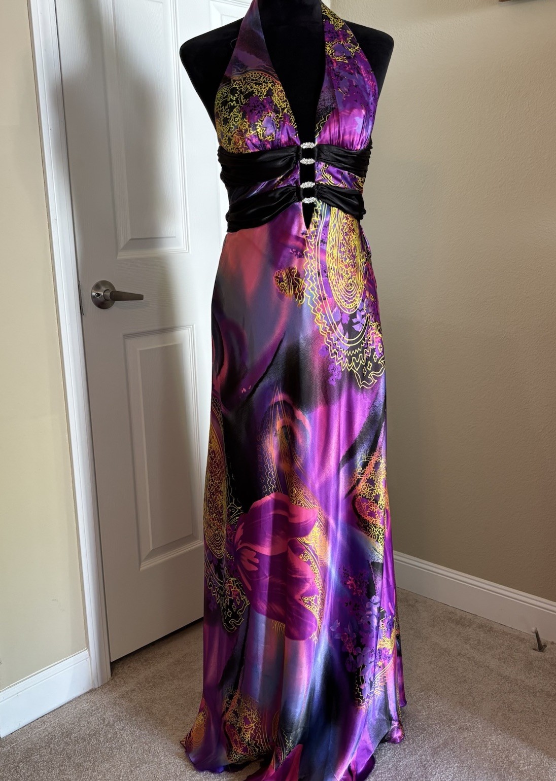 Deb Dress Womens 11/12 Purple Pink Halter Maxi Gown Floral Paisley Evening Glam