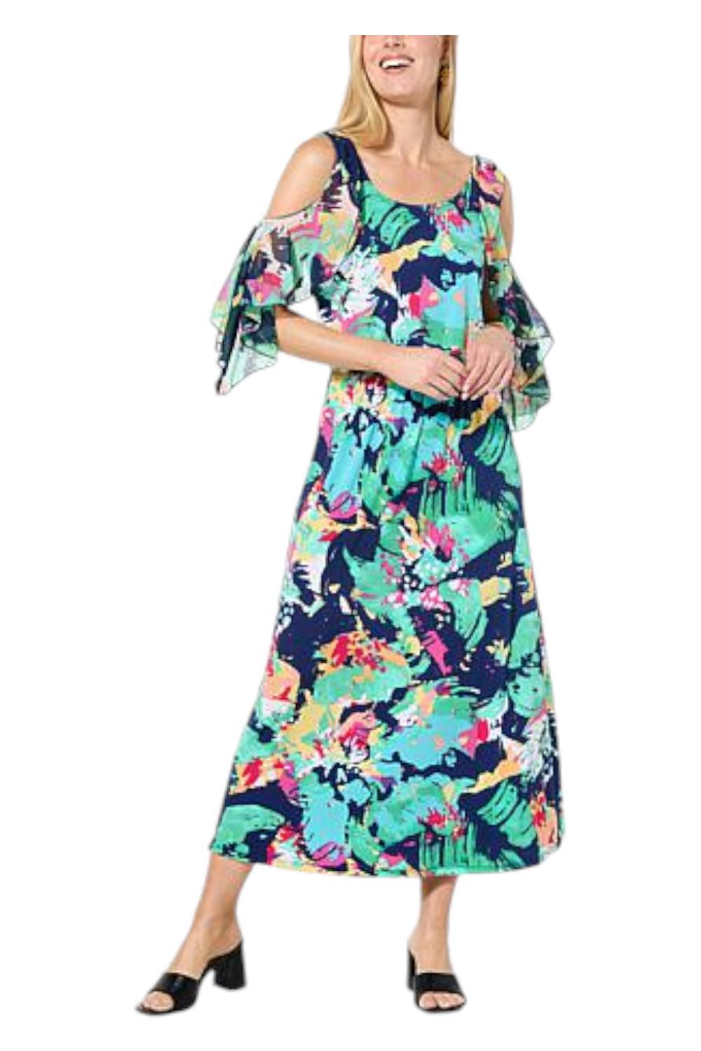 Colleen Lopez Women’s Printed Mixed Media Cold Shoulder Dress Navy