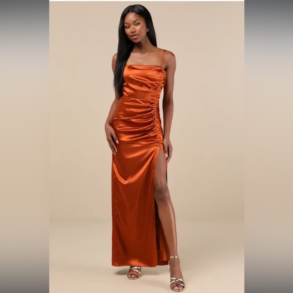 Luxurious Marvel Rust Orange Satin Ruched Column Dress