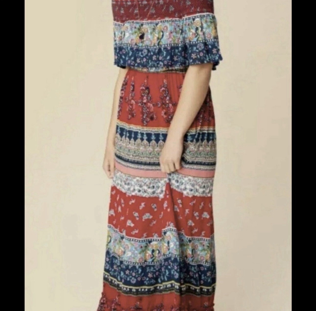 Altar’d State Off the shoulder Maxi Dress Red/Blue Floral Boho Print Sz S