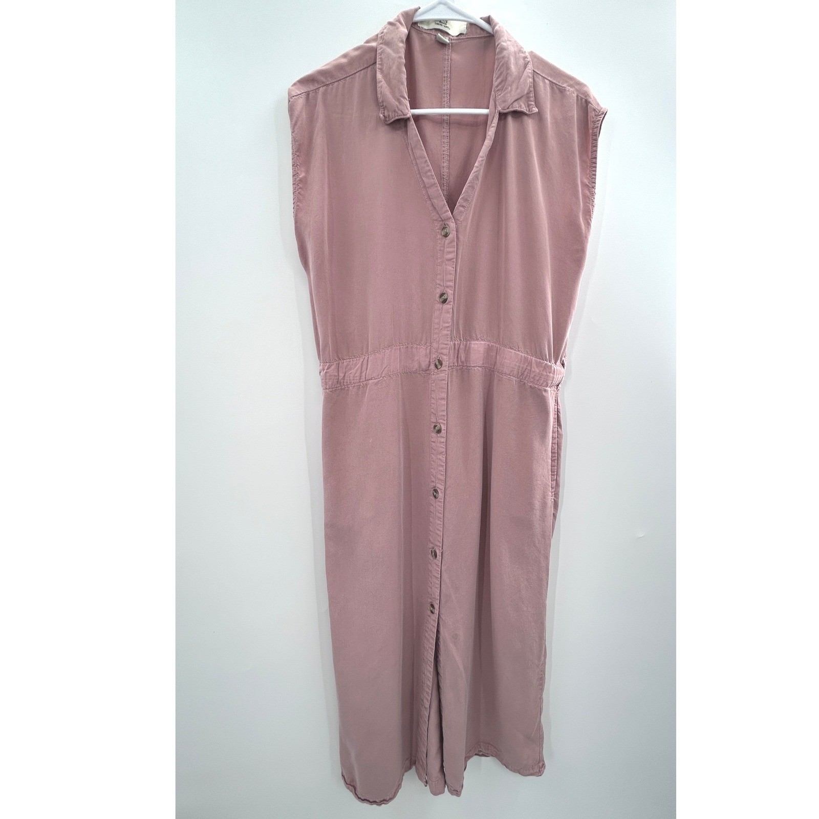 Thread + Supply Dusty Rose Tencel Shirt Dress Midi Button Front Pockets S Casual