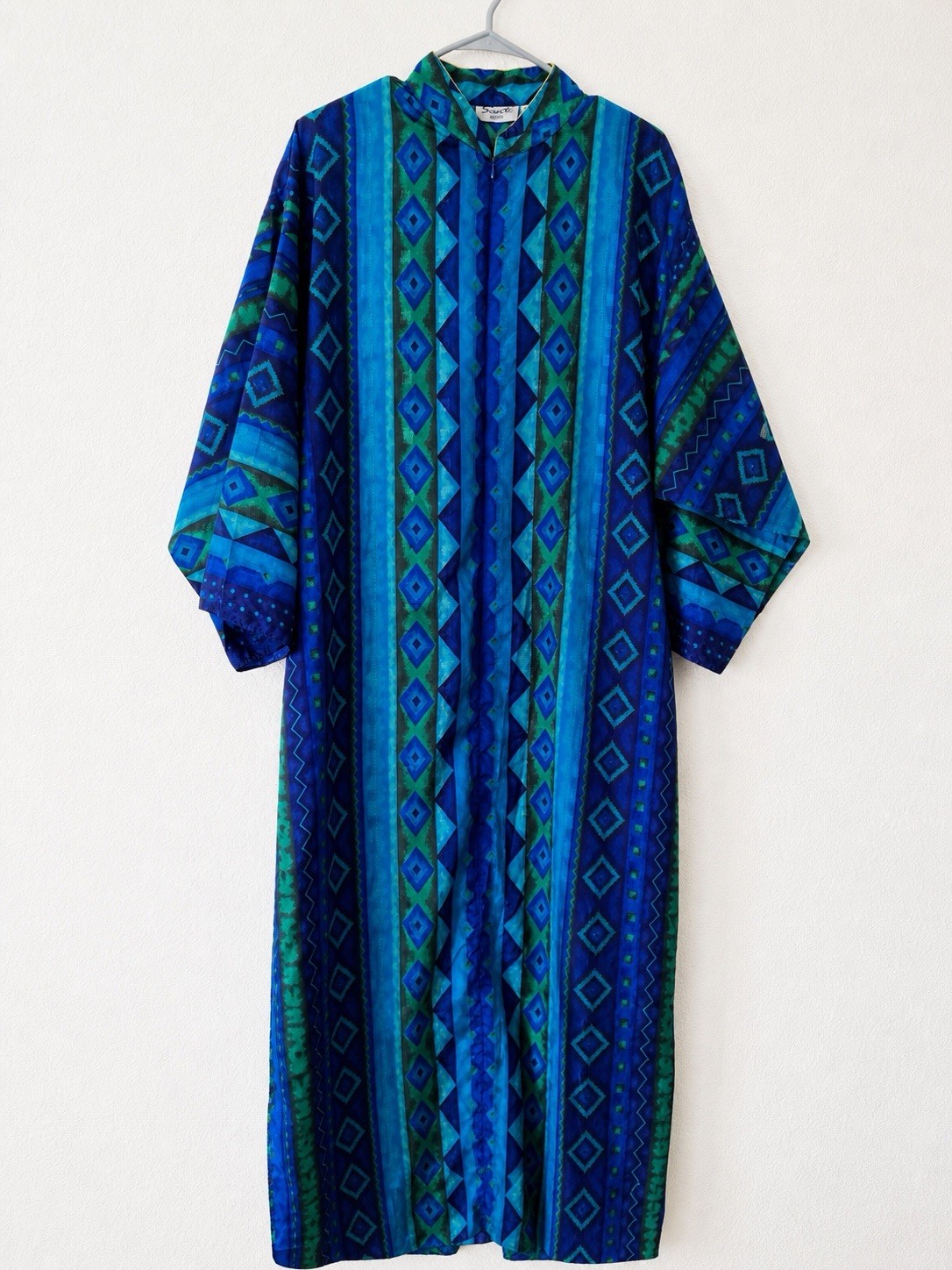 Sante Classics Women M Blue Green Geometric Print Button Front Long Dress Zipper
