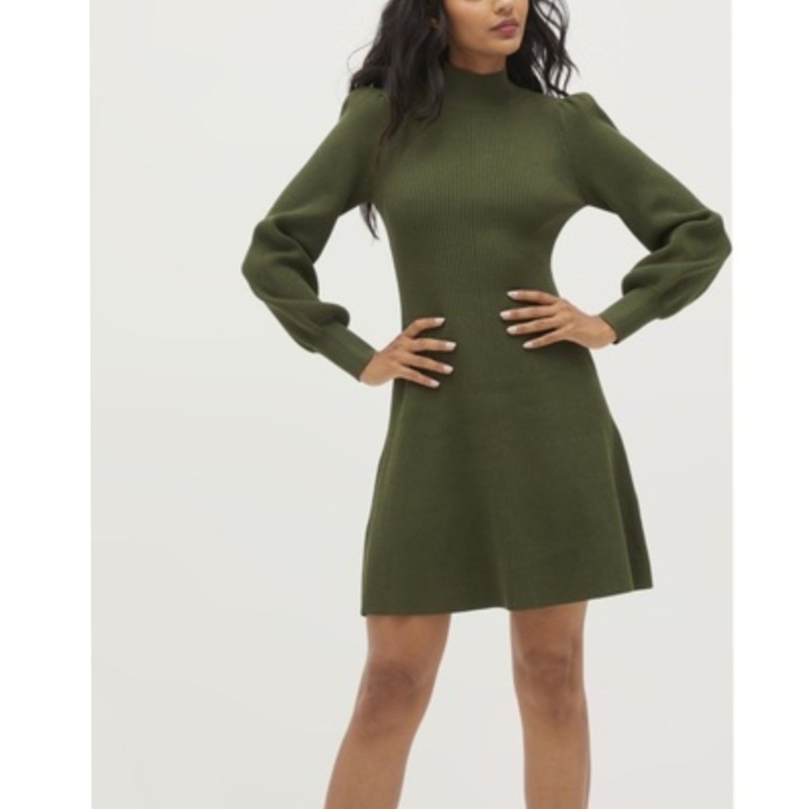 Hill House Mariana Rib-knit Blouson Sleeve Mini Dress In Leaf Green Size M
