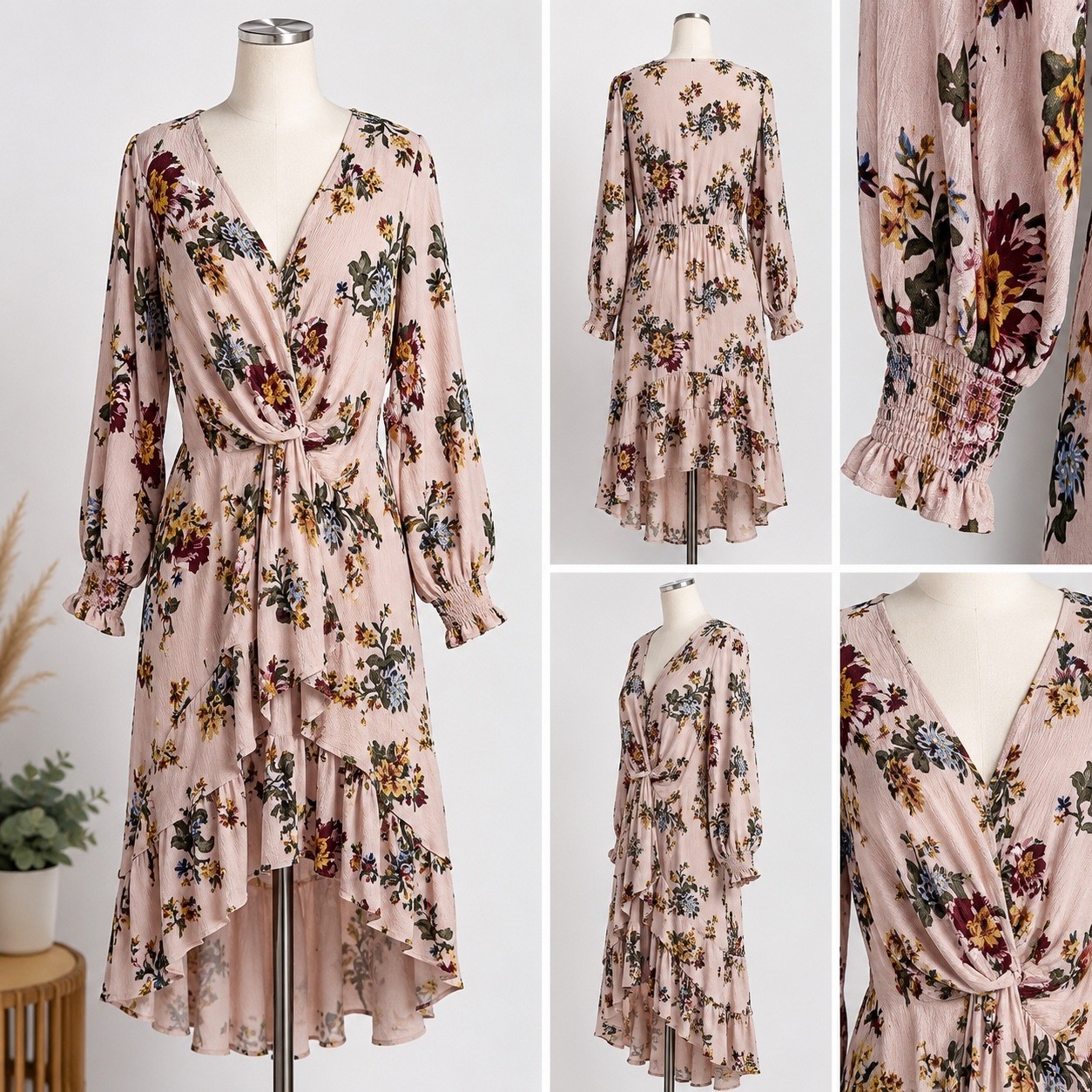 Umgee Floral High-Low Dress Long Sleeve Smocked Cuff V-Neck L Fall Transition