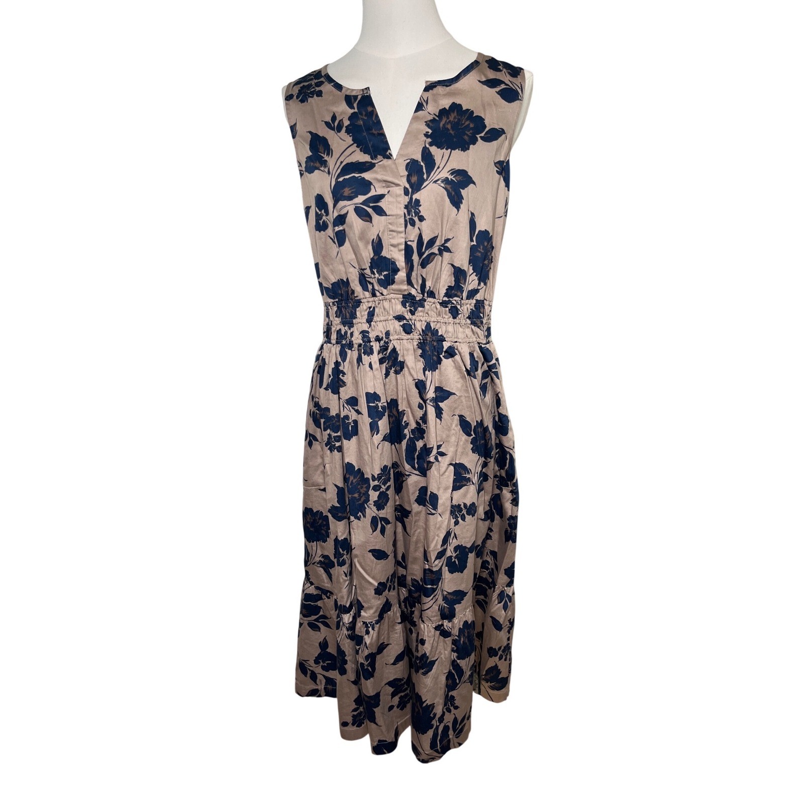 Floral Smocked Tiered Cotton Midi Dress J. Jill Tan Navy Blue Petite MP