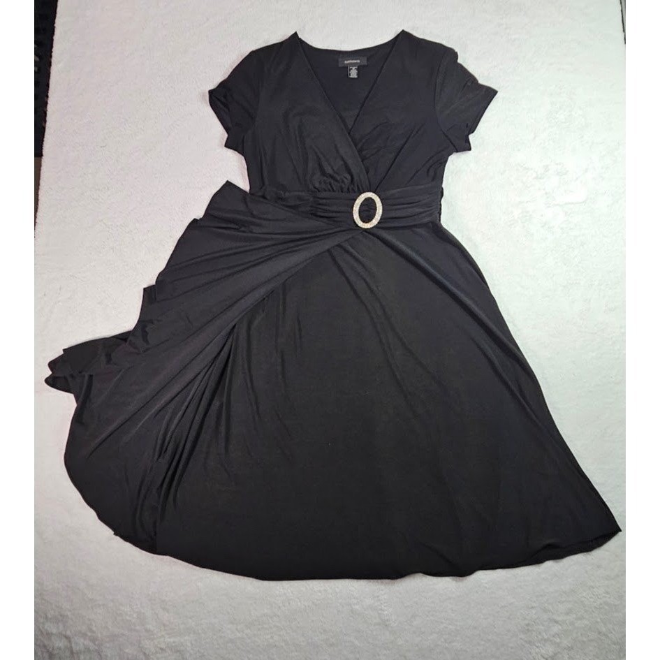 R&M Richards Womens Black Faux Wrap Rhinestone Buckle Cocktail Dress Size 14
