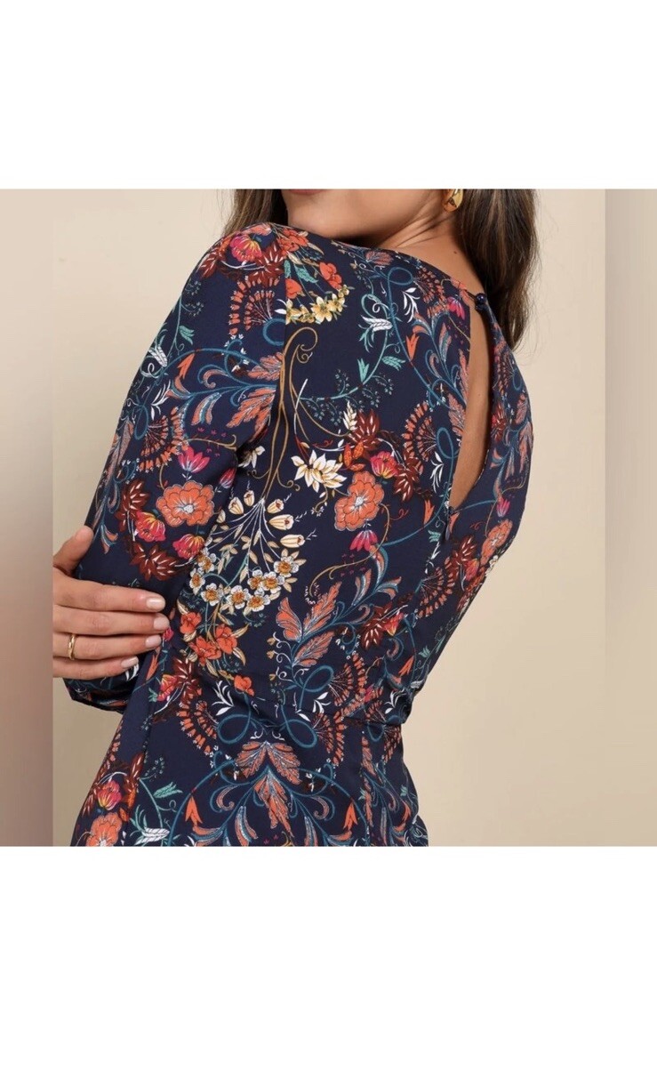 I. Madeline Garden Splendor Navy Blue Floral Print Long Sleeve Midi Dress M NWT
