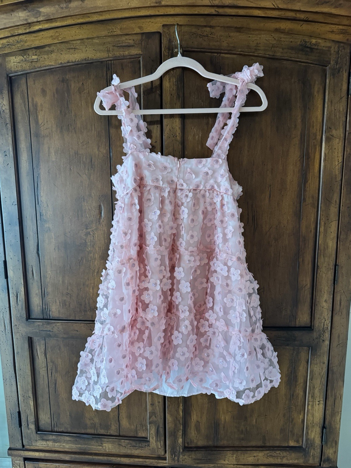 STORIA NWT Pink 3D Floral Appliqué Mini Dress Tie Shoulders Size Medium