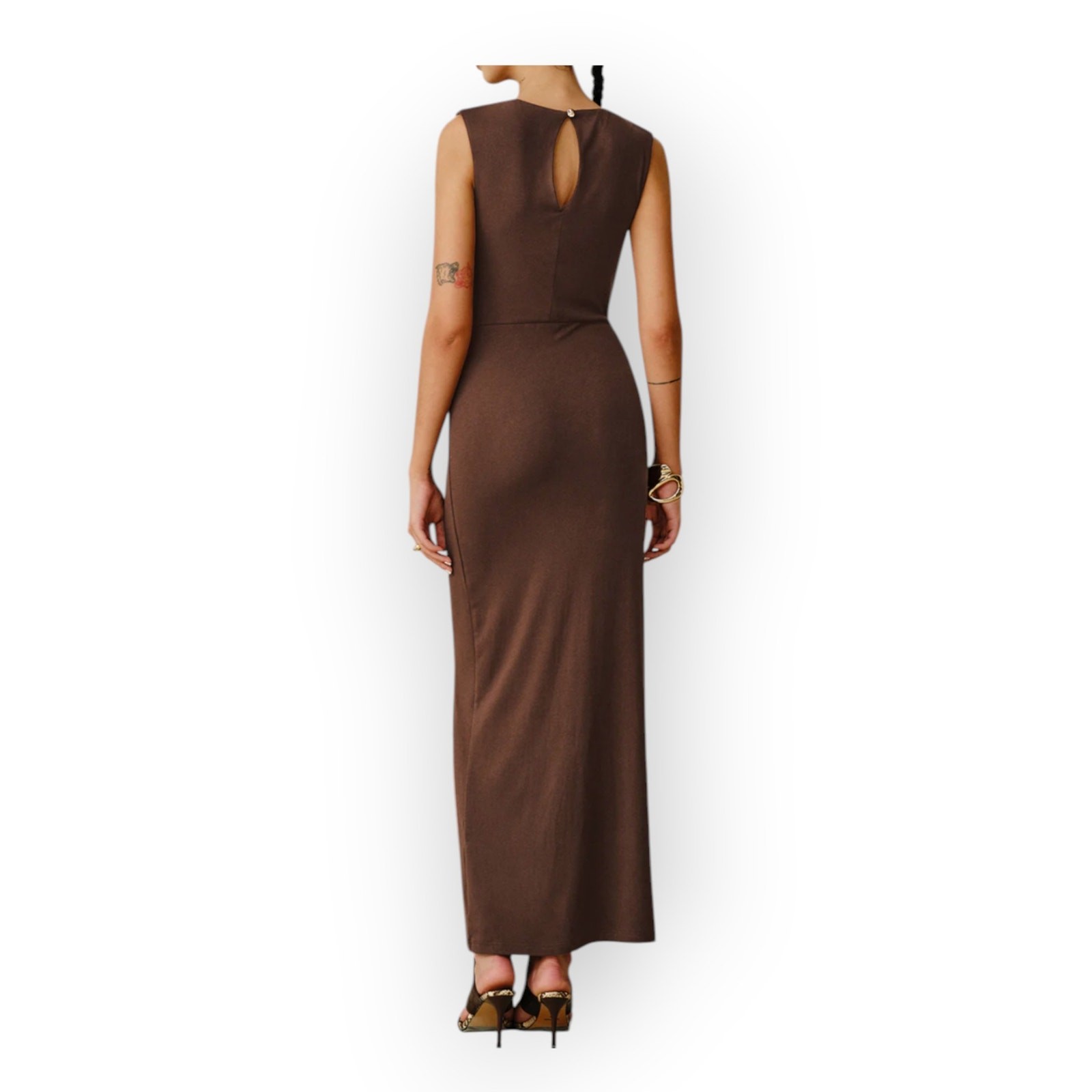 Commense Brown Ruched Maxi Dress Metal Buckle Sleeveless XL Modern Chic Elegant