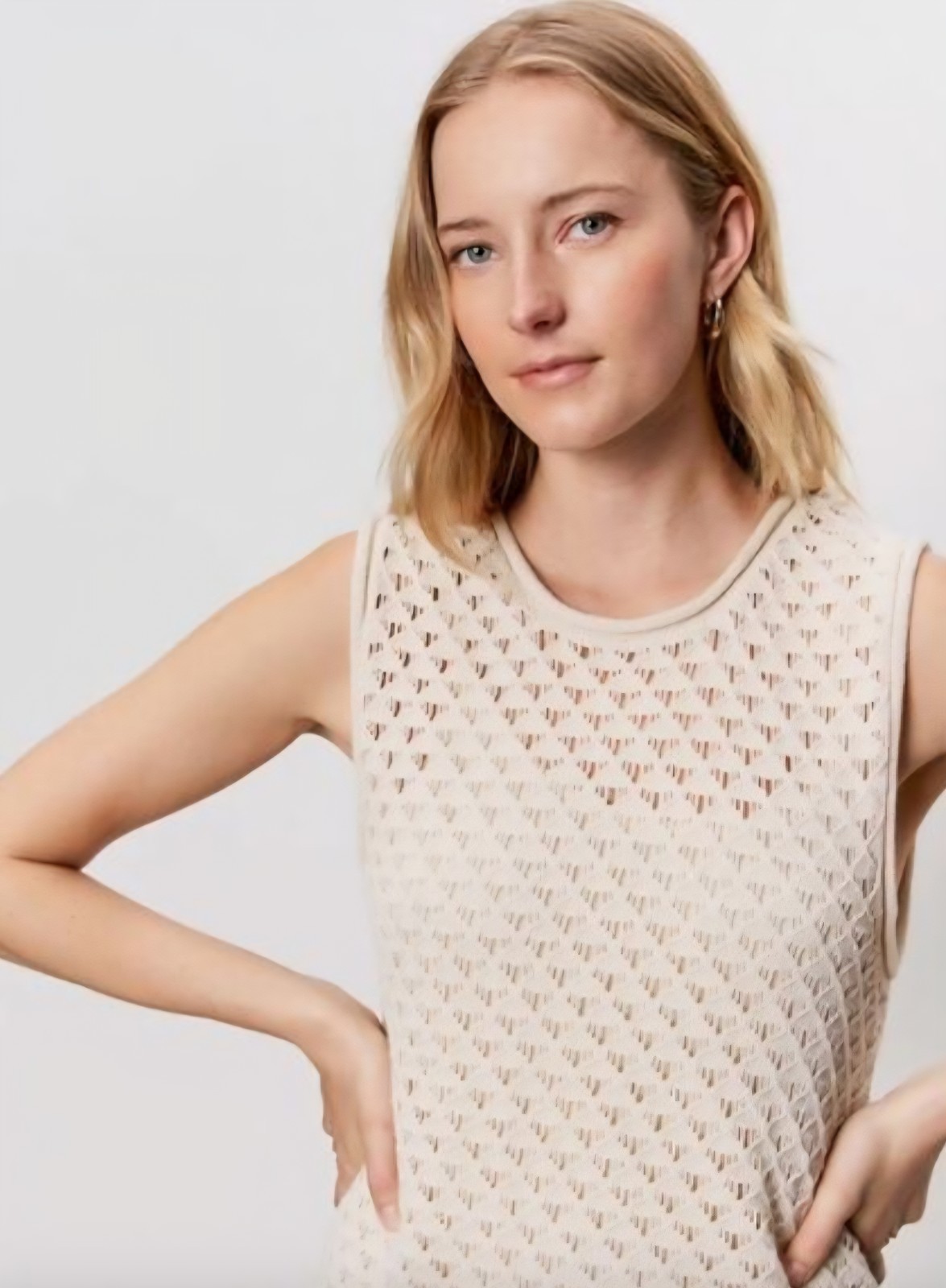 Sanctuary Beige Crochet Sleeveless Shift Dress M, Geometric Pattern, Crew Neck