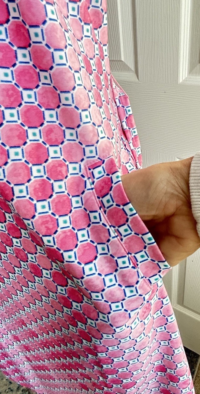 Pappagallo Tess Ruffle Neck Midi Dress. Button Up geometric pink, Belted Sz 4