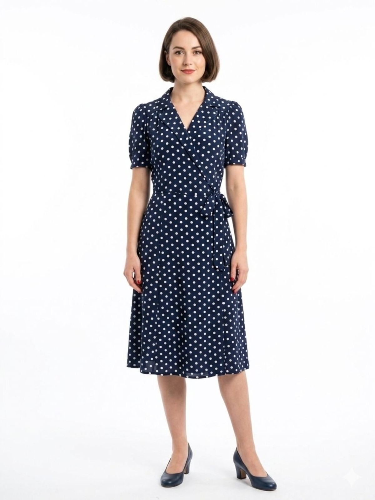 The Seamstress of Bloomsbury Peggy Wrap Dress 1940s Style Navy Polka Dot