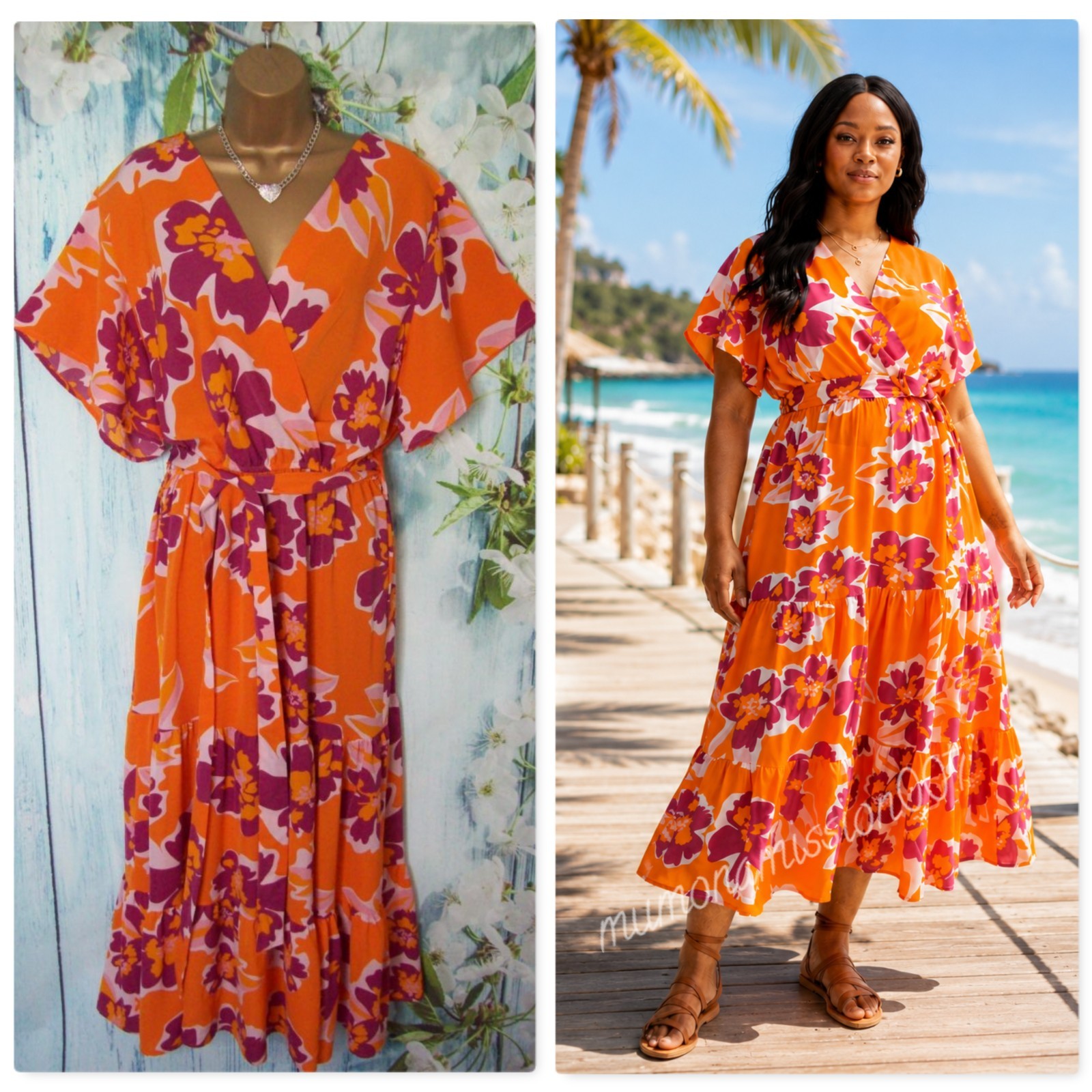 NEW New Look Curve Orange Floral Midi Dress UK 18 Holiday Summer Floaty NWT