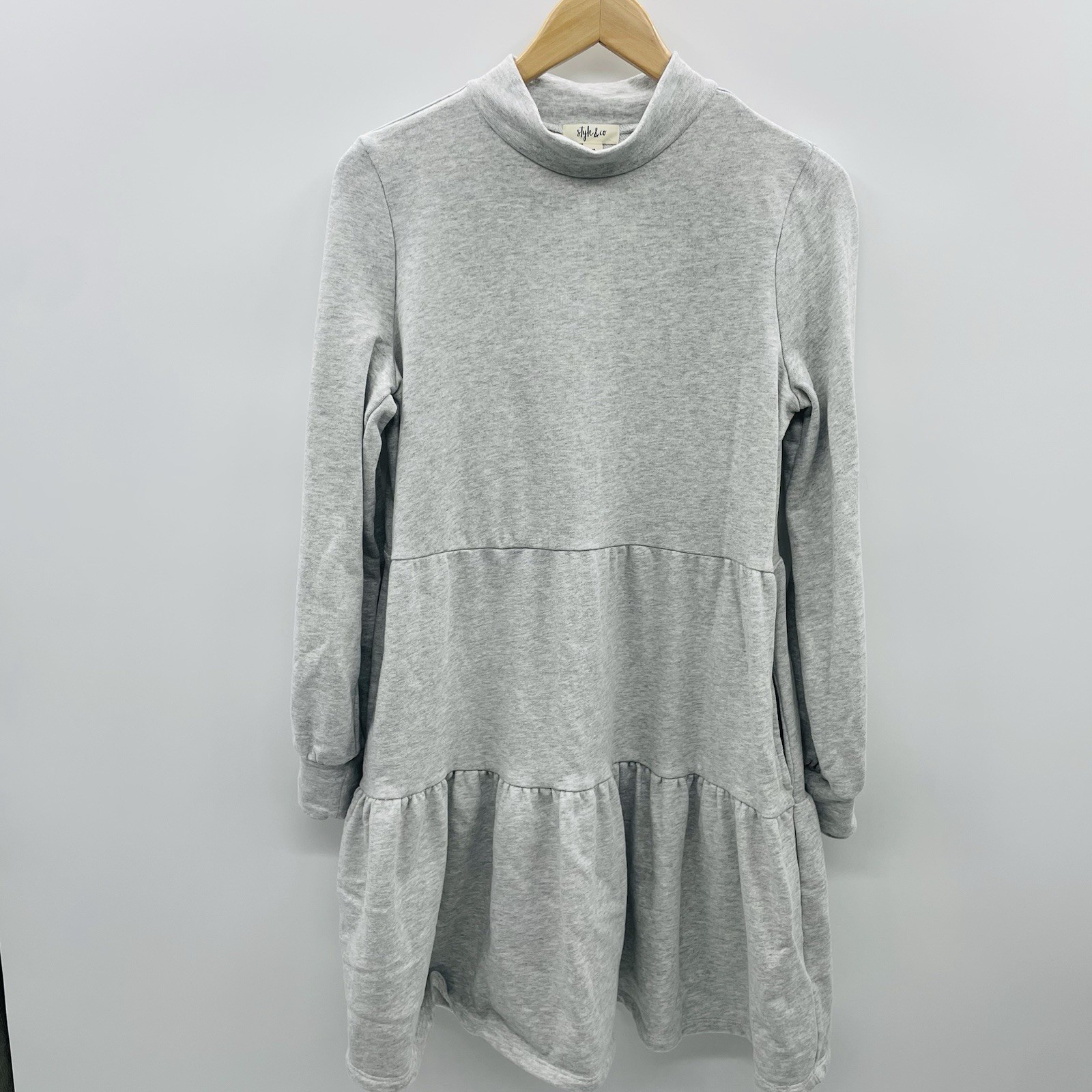 Style & Co Womens Size Medium Mock-Neck Tiered Sweatshirt Dress in Gray $59