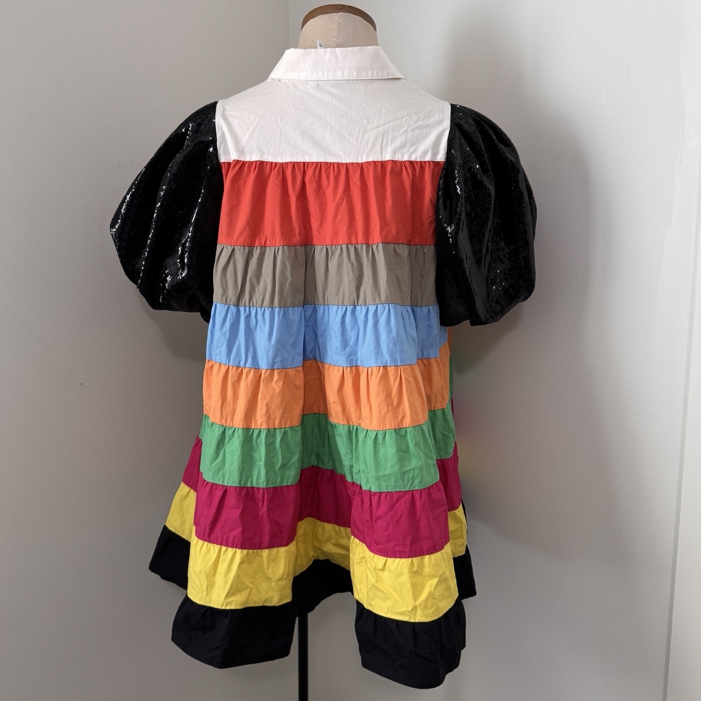 QUEEN of SPARKLES Small Colorblock Stripe Tiered Mini Dress Sequin Puff Sleeves