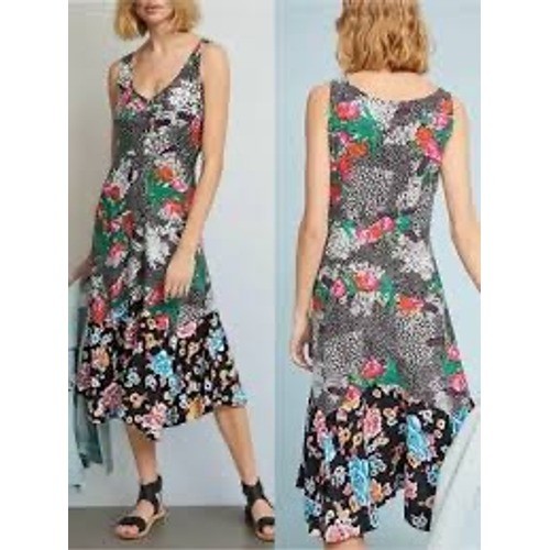 Maeve by Anthropologie Violette Mixed Floral Midi Dress Women 12 Black Boho