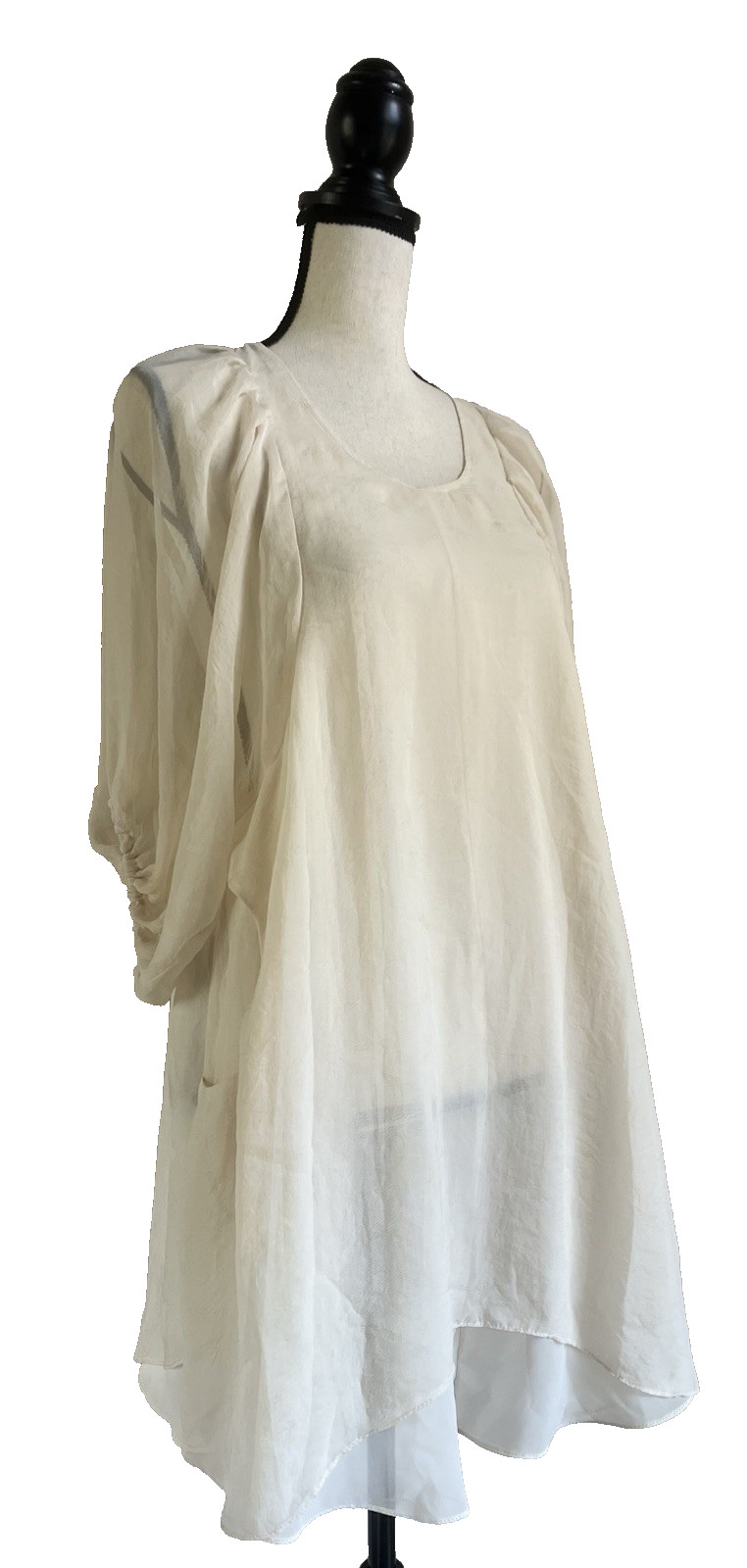 Rich Tree Women’s Ivory Shimmer Shift Dress Sheer 3/4 Sleeves Overlay