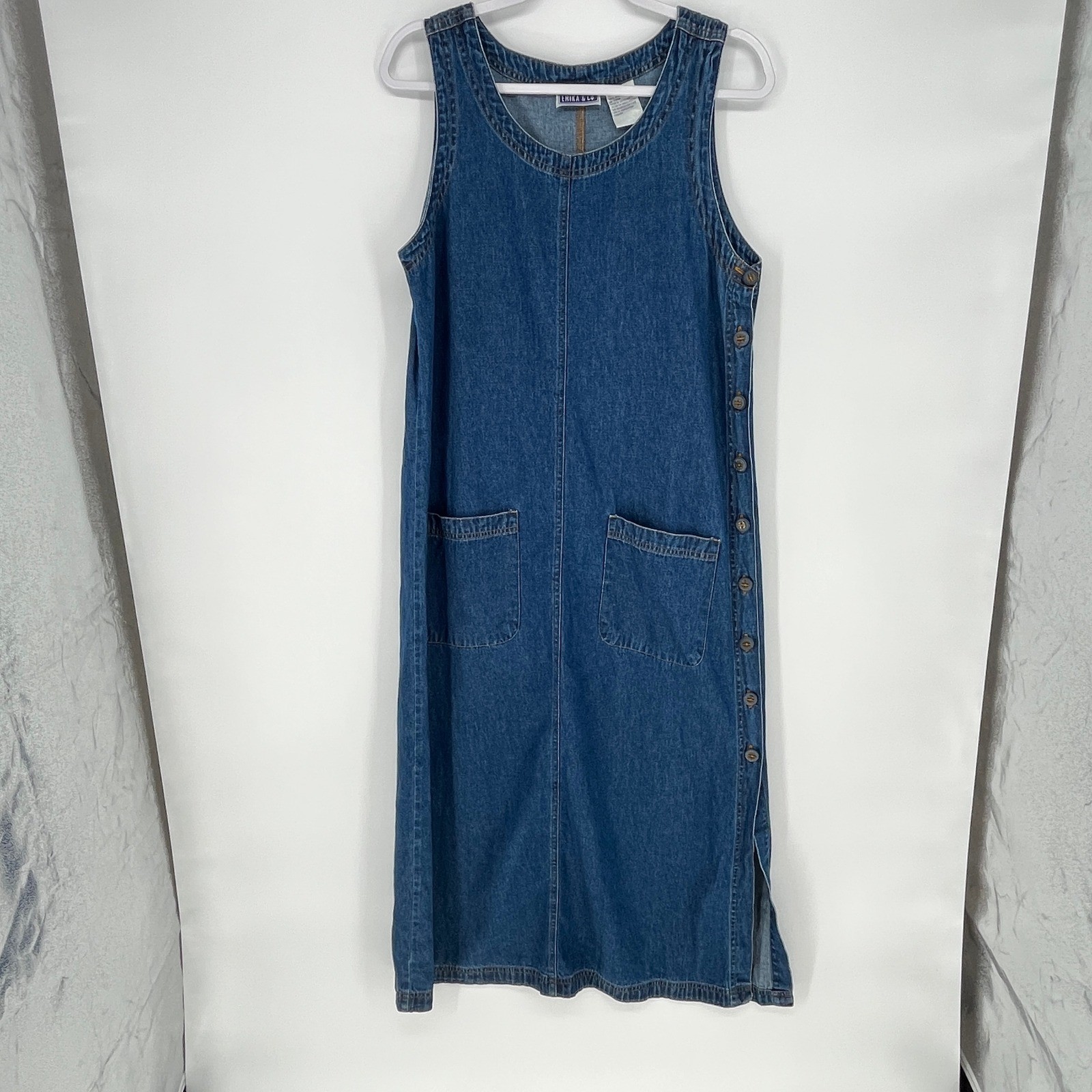 Vintage Erika & Co Womens Denim Jumper Dress Maxi Side Button Pockets Small