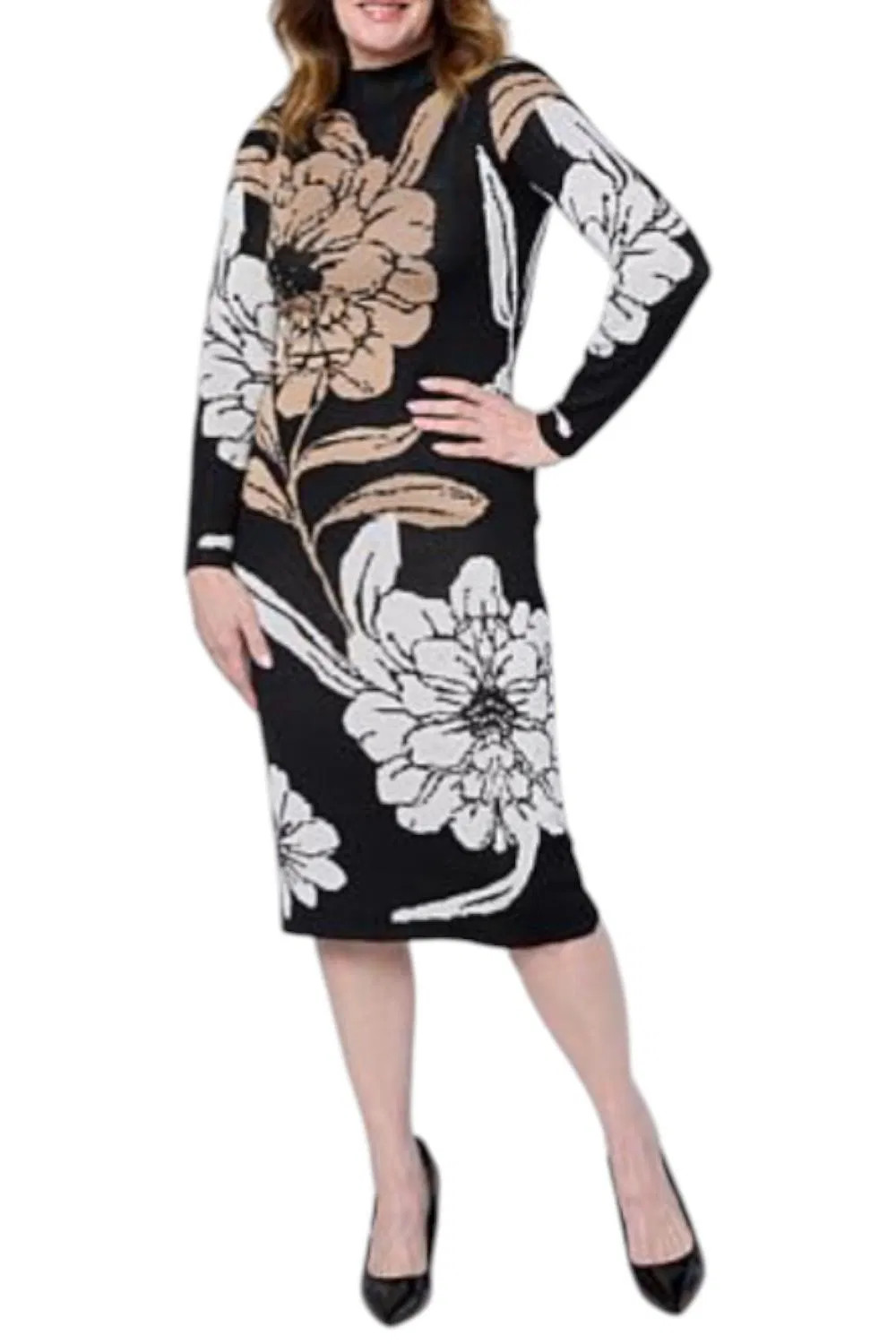 Nina Leonard Women’s Jacquard Mock-Neck Sheath Dress Tan Multi