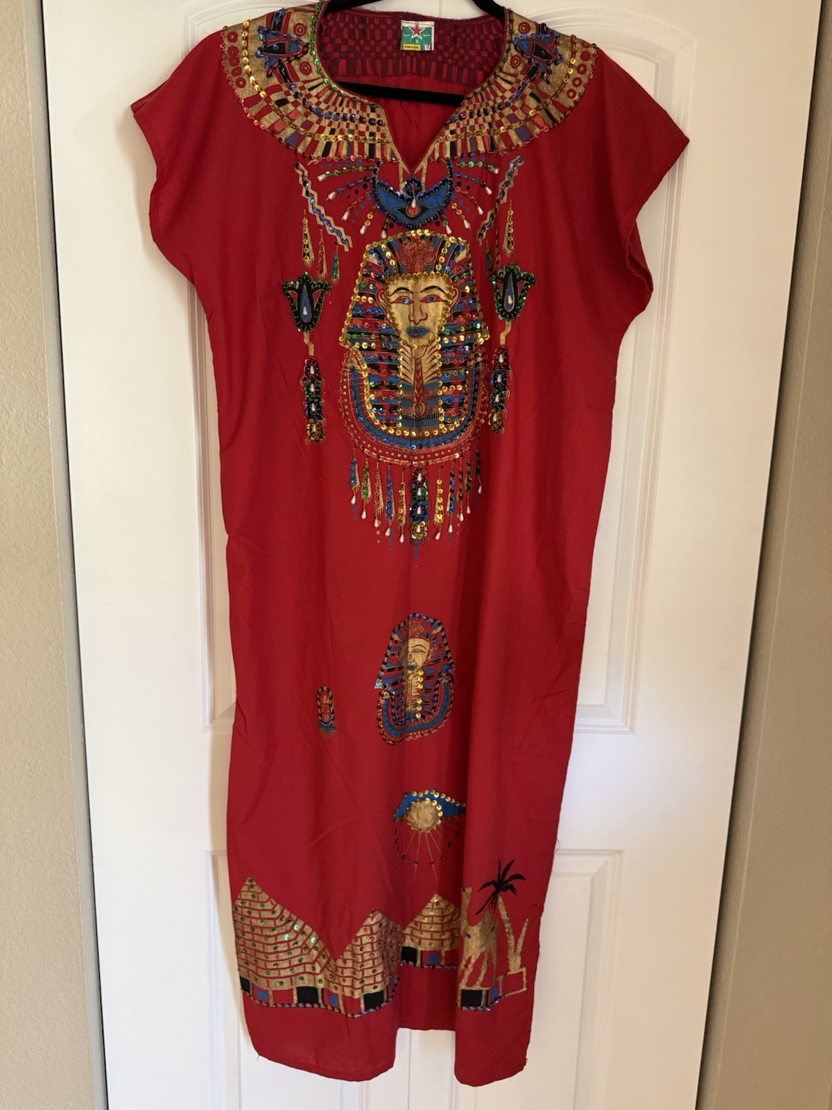 Vintage Egyptian Cleopatra King Tut Sequined Red Kaftan Caftan Maxi Dress