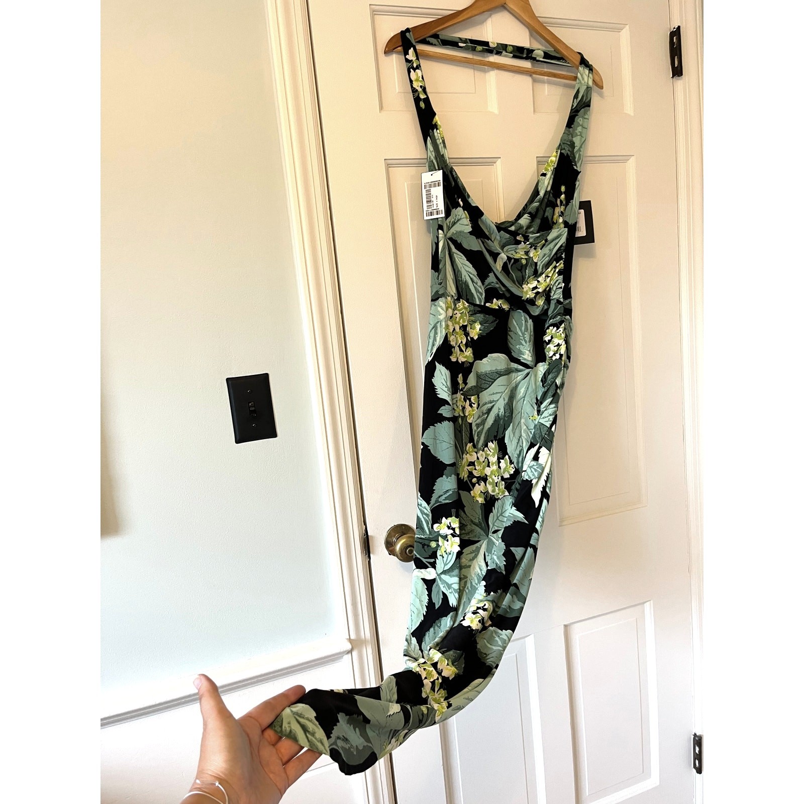 Norma Kamali Cayla Side Drape Halter Maxi Dress XL NWT Tropical Mint Floral Gown