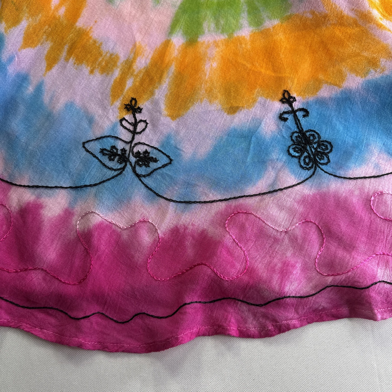 Cute Options Bohemian Sundress Free Size Pink Multi Tie Dye Embroidered #0284