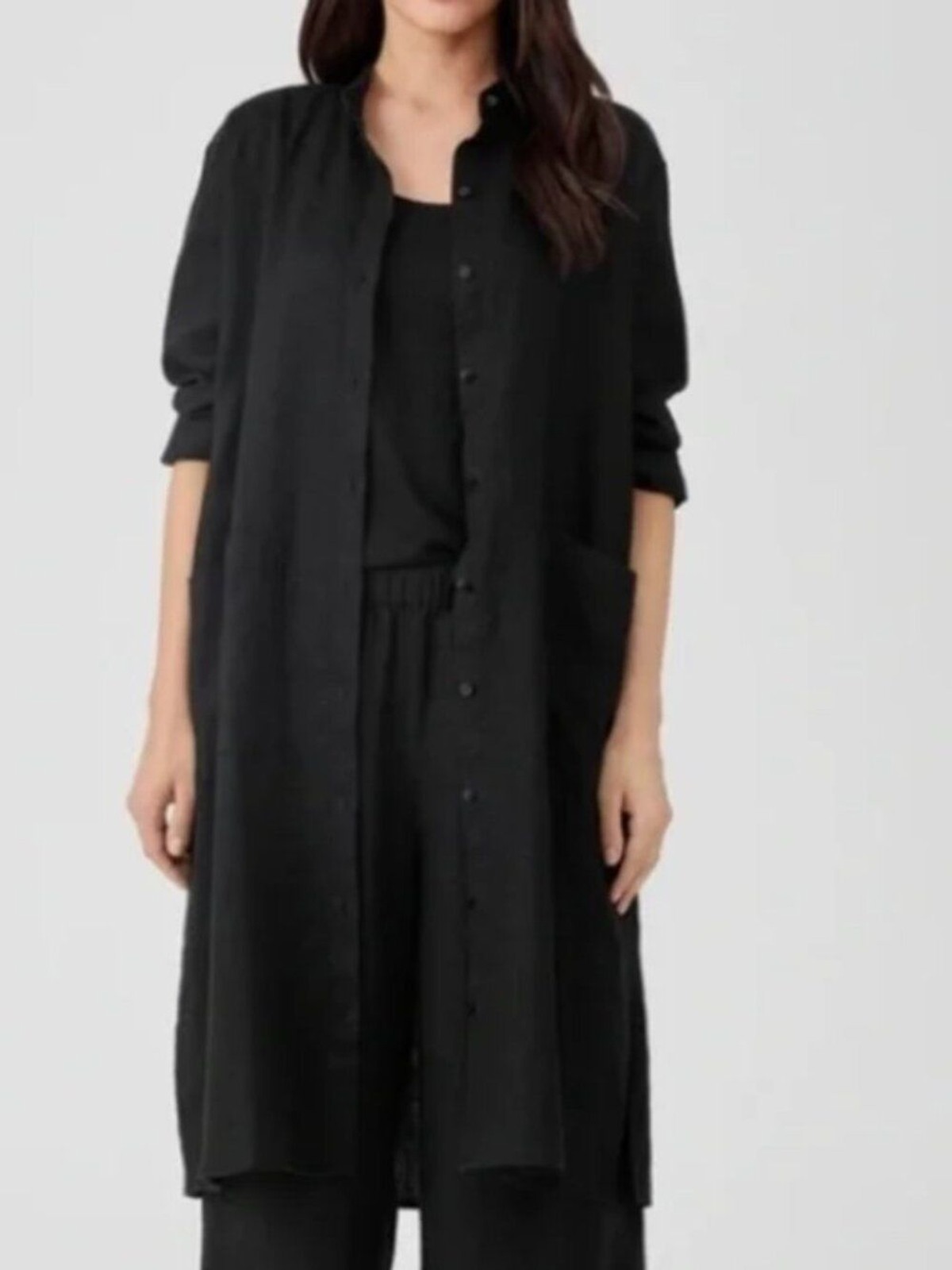 Eileen Fisher 100% Linen Shirtdress | Black | Size Large | Front Pockets