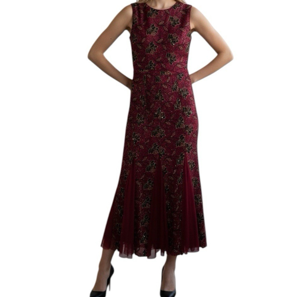 Candalite Burgundy Floral Mesh Shimmer Lined Maxi Dress Round Neck Sleeveless S