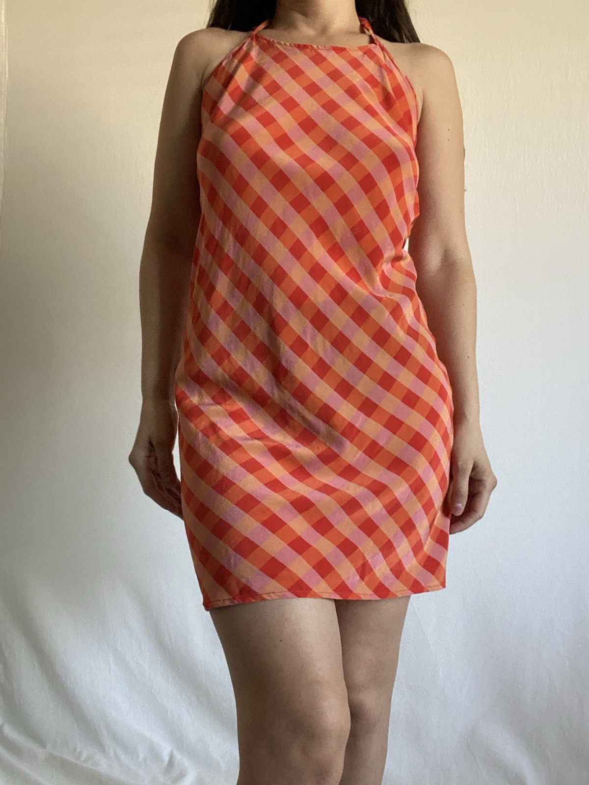 LHD 100% Silk Orange Pink Gingham Halter Mini Dress Open Back Size 4