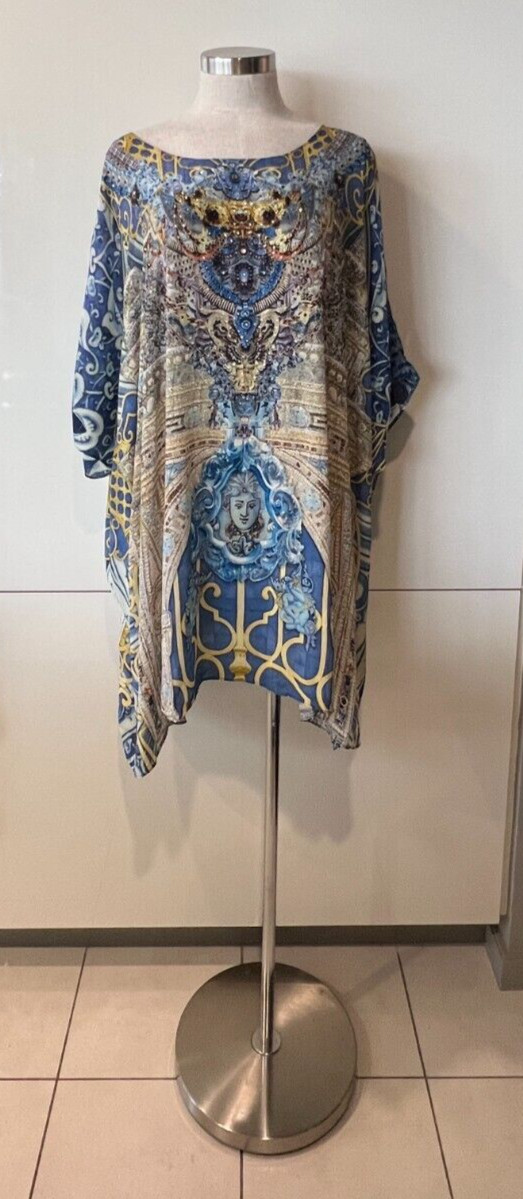 CAMILLA Blue/Yellow Medusa Print, Beads,Crystals Kaftan Dress ONE SIZE