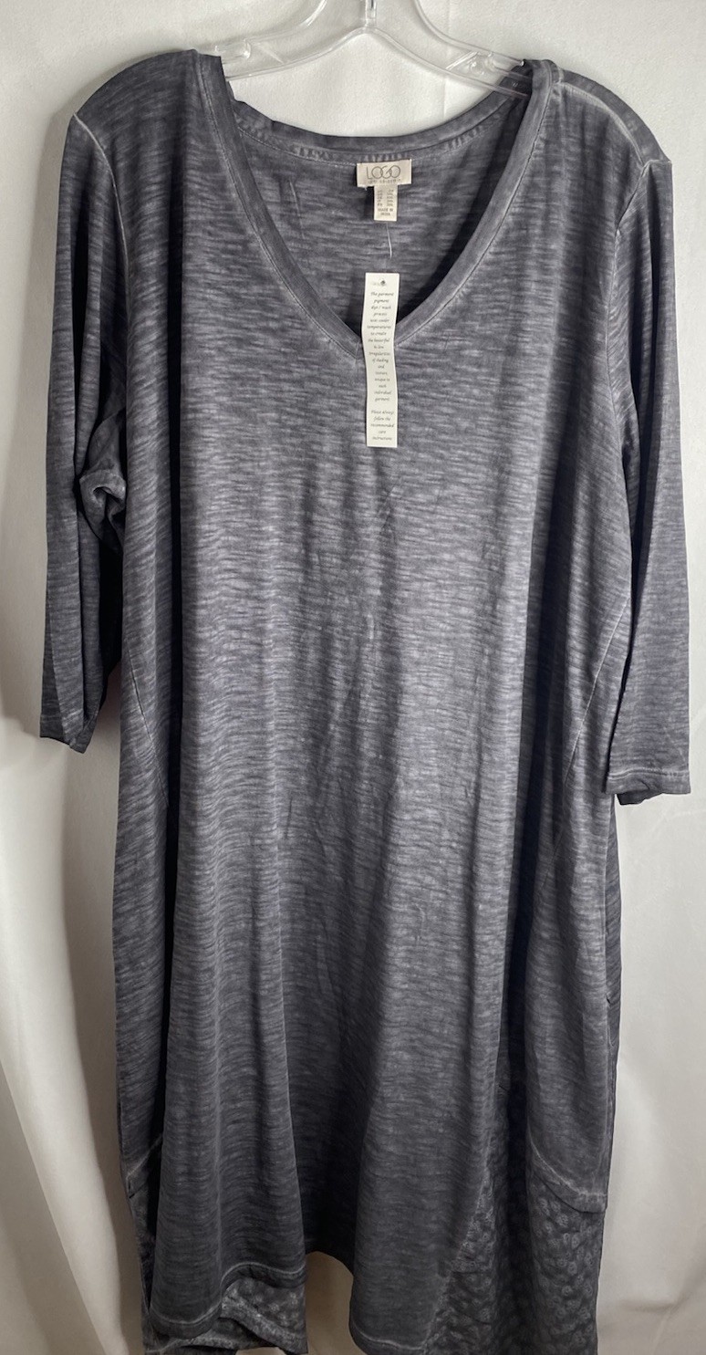 LOGO Laurie G 3/4 sleeve Gray embroidered Dress Shark Bite Hem Pockets NEW 2X
