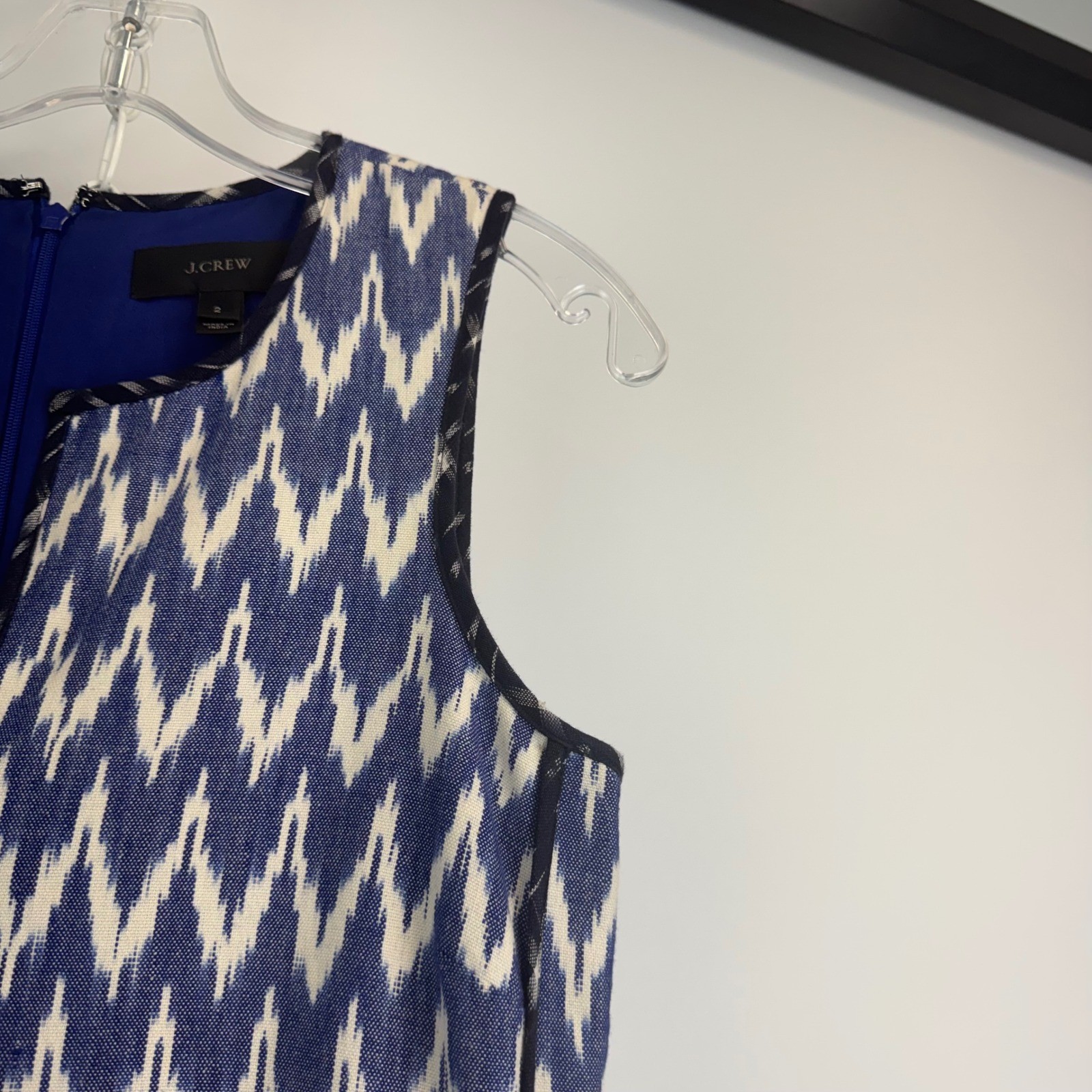 J.Crew Blue White Ikat Chevron Cotton Shift Dress Split Neck Womens 2 RN77388