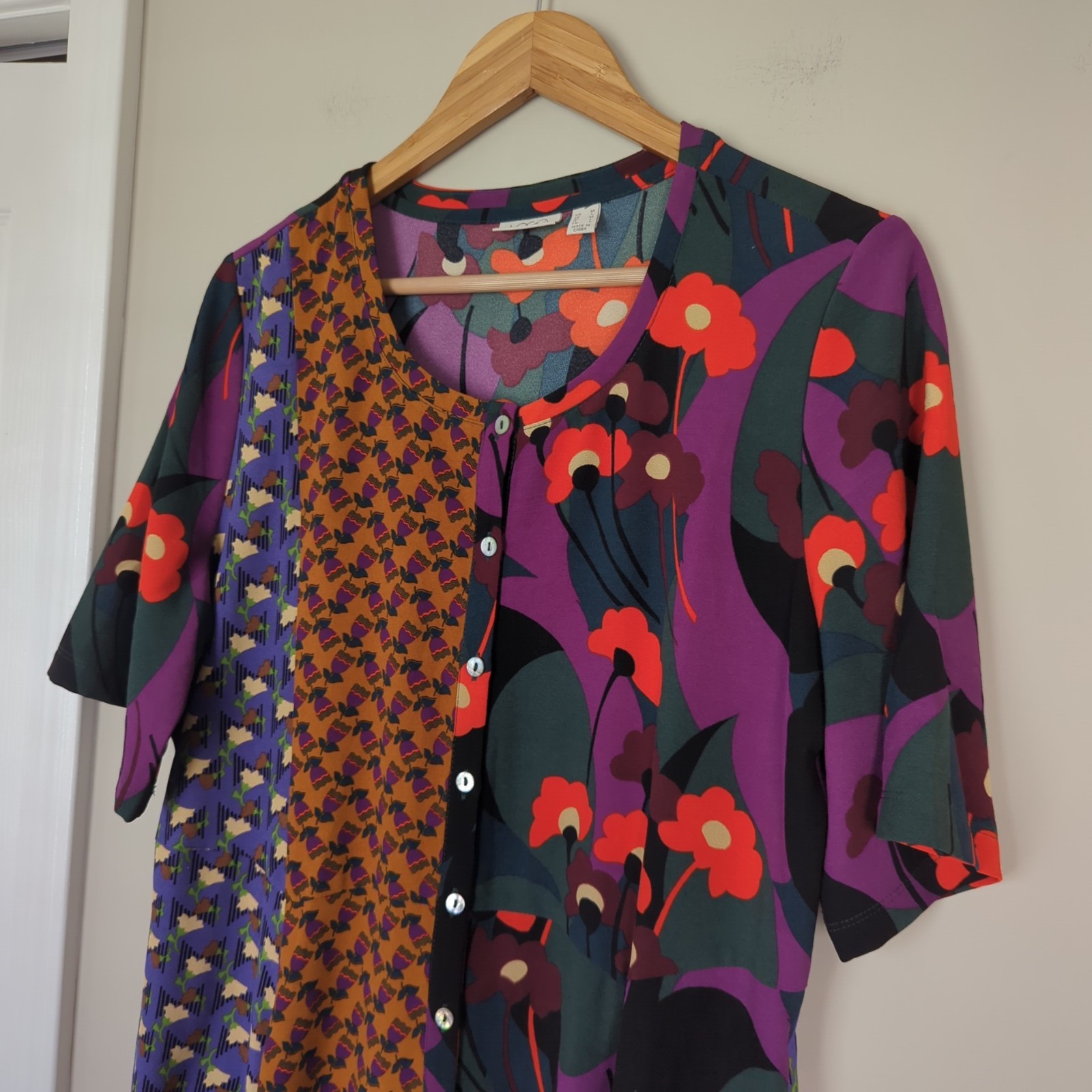 LOGO Lori Goldstein Patchwork Fit & Flare Button Down Midi Dress Medium Boho