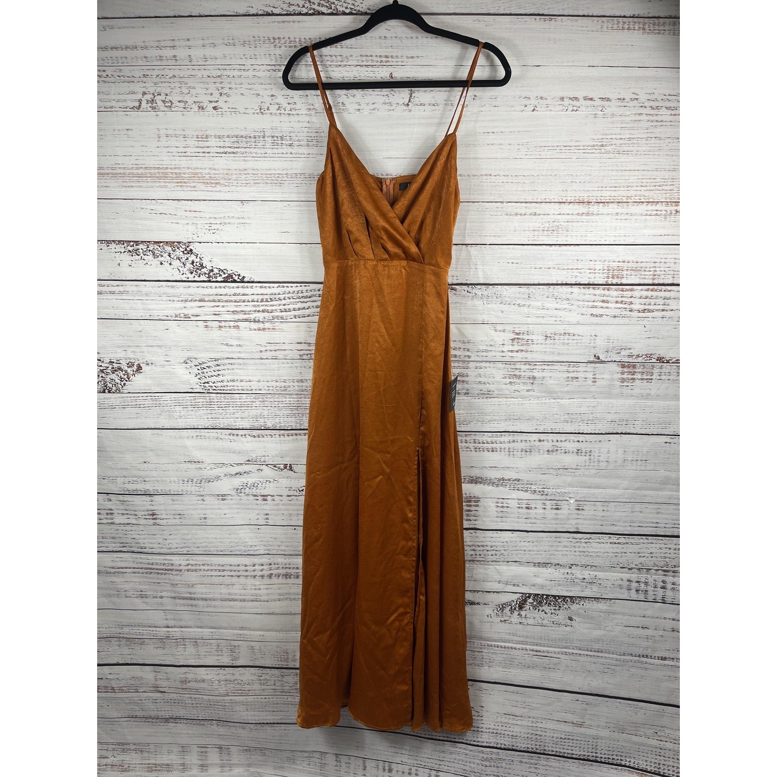 Lulus Dress Womens Extra Small Brown Maxi Spaghetti Strap Side Slit Lined Formal