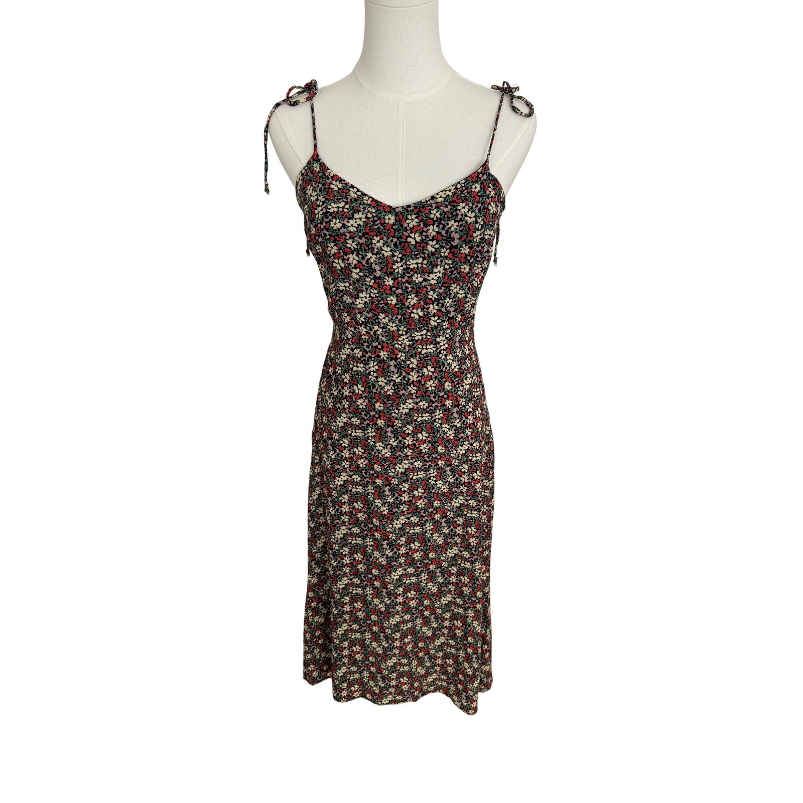 Reformation Floral Midi Dress Women Size 6 Black Multicolor Tie Strap Boho Chic