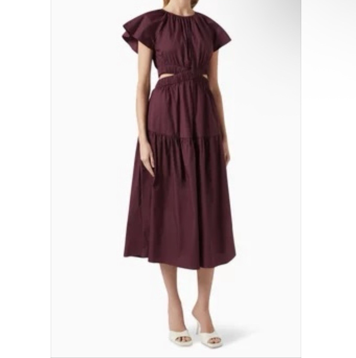 MINKPINK Purple Cut Out Ruffle Flutter Sleeve Round Neck A-Line Midi Dress XS