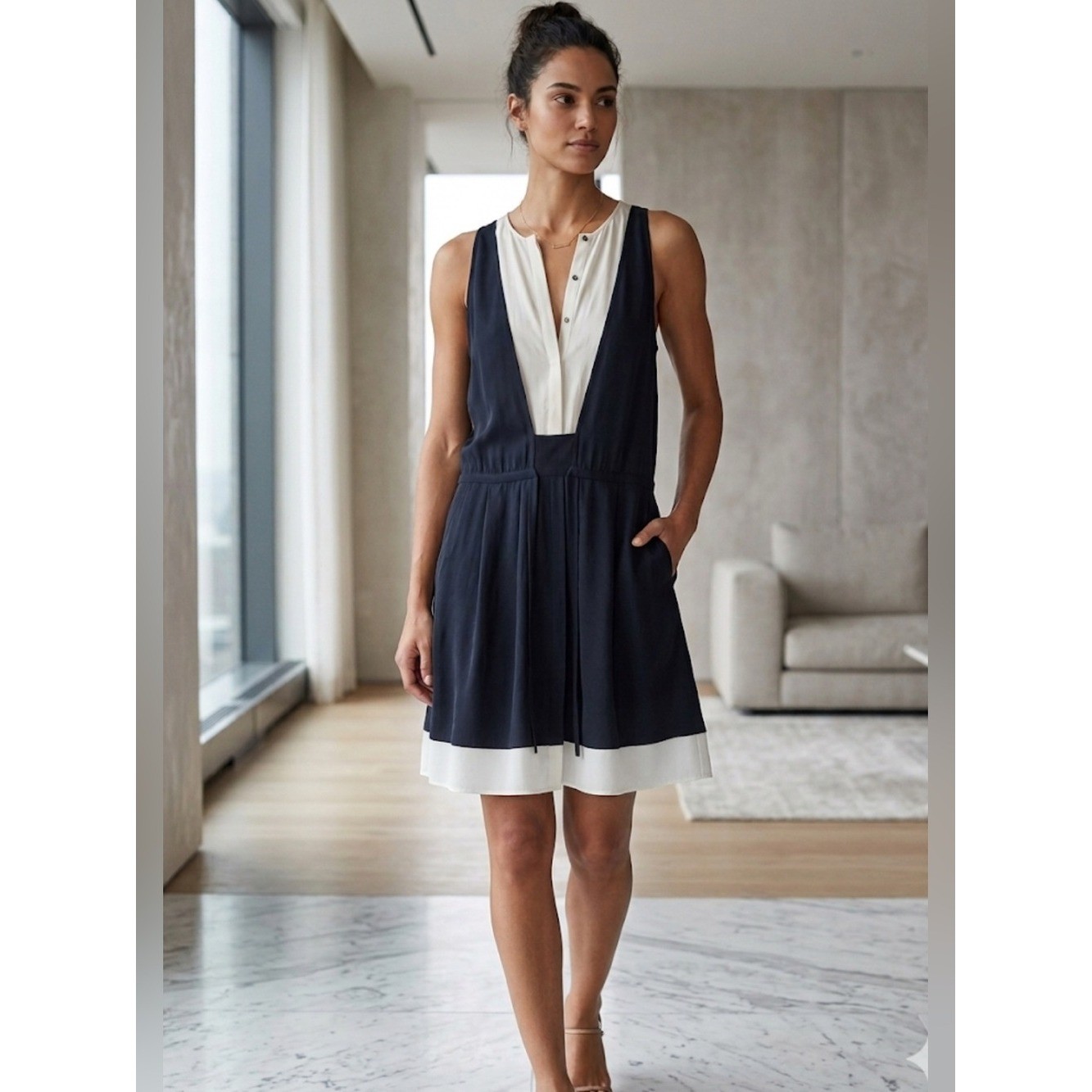 A.L.C. 100% Silk Deep V-Neck Colorblock Layered Mini Dress – Navy & White