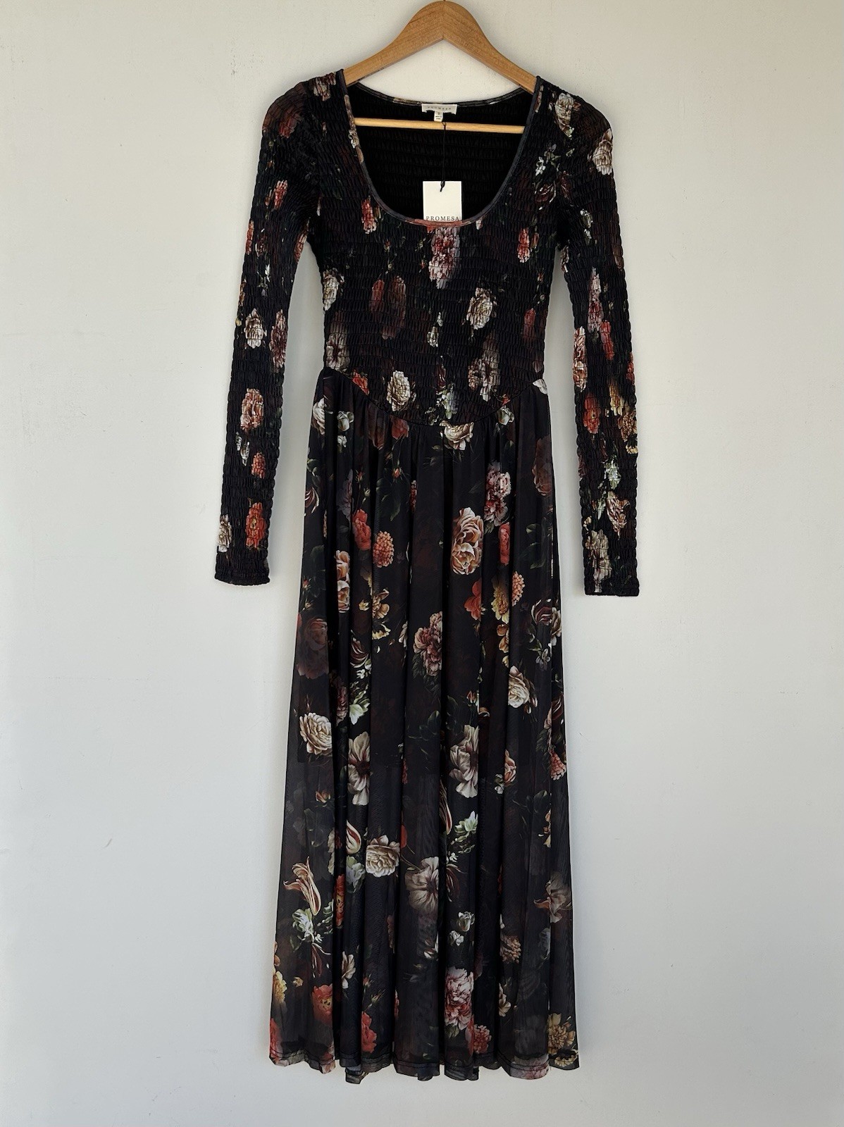 Promesa Dress Black Floral Whimsigoth Smocked Mesh Maxi Women’s Size Small NWT