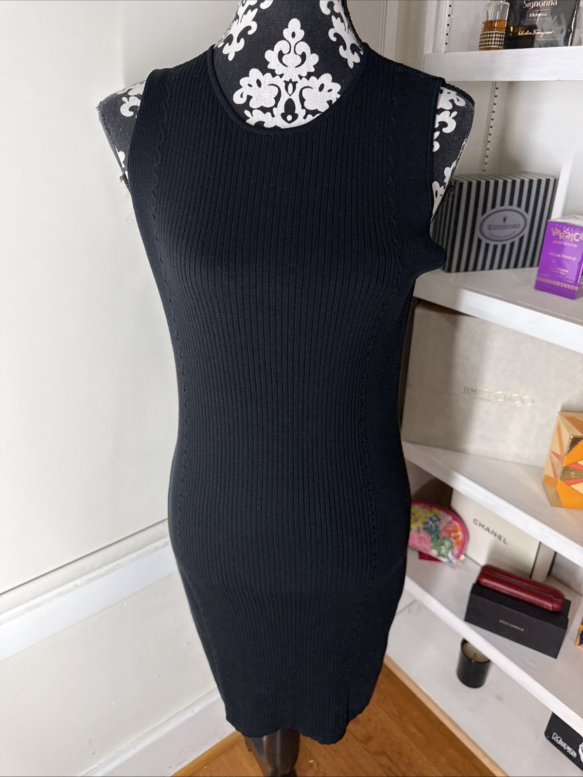 Saks Fifth Avenue Sleeveless Ribbed Silk Blend Midi Dress Size Large Black