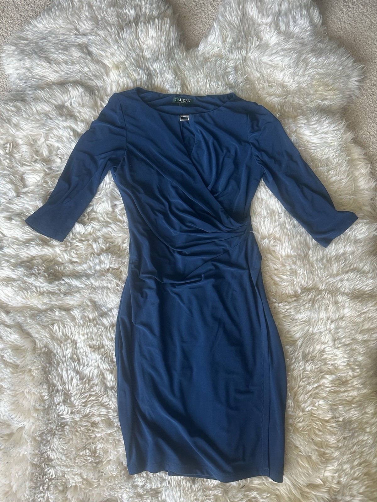 Ralph Lauren Navy Ruched Sheath Midi 3/4 Sleeves Cocktail/Work Dress Size 10