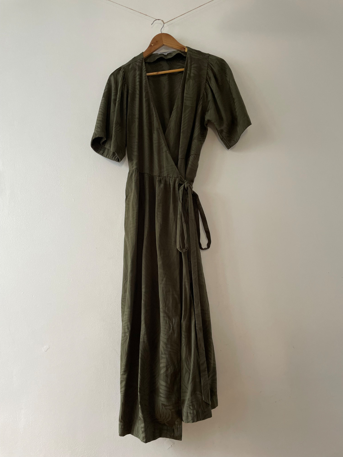 Oliver Bonas Wrap Dress Womens UK14 Olive Green Leaf Jacquard Midi Short Sleeve