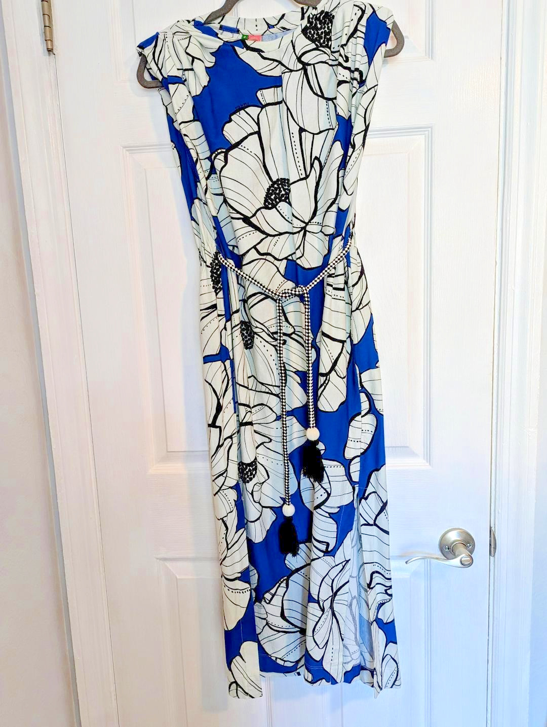 FARM RIO M Royal Blue & White Flower Sleeveless Midi Dress w Tie & Side Slits