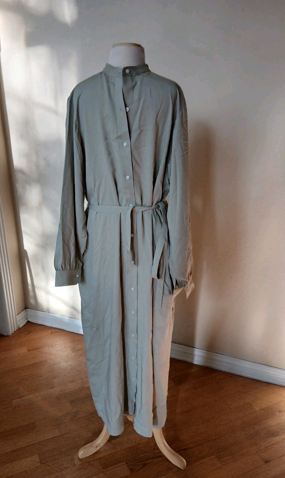 Uniqlo Kimono Cover Up Maxi Belted Light Green Dress Minimalistic Kaftan S/M